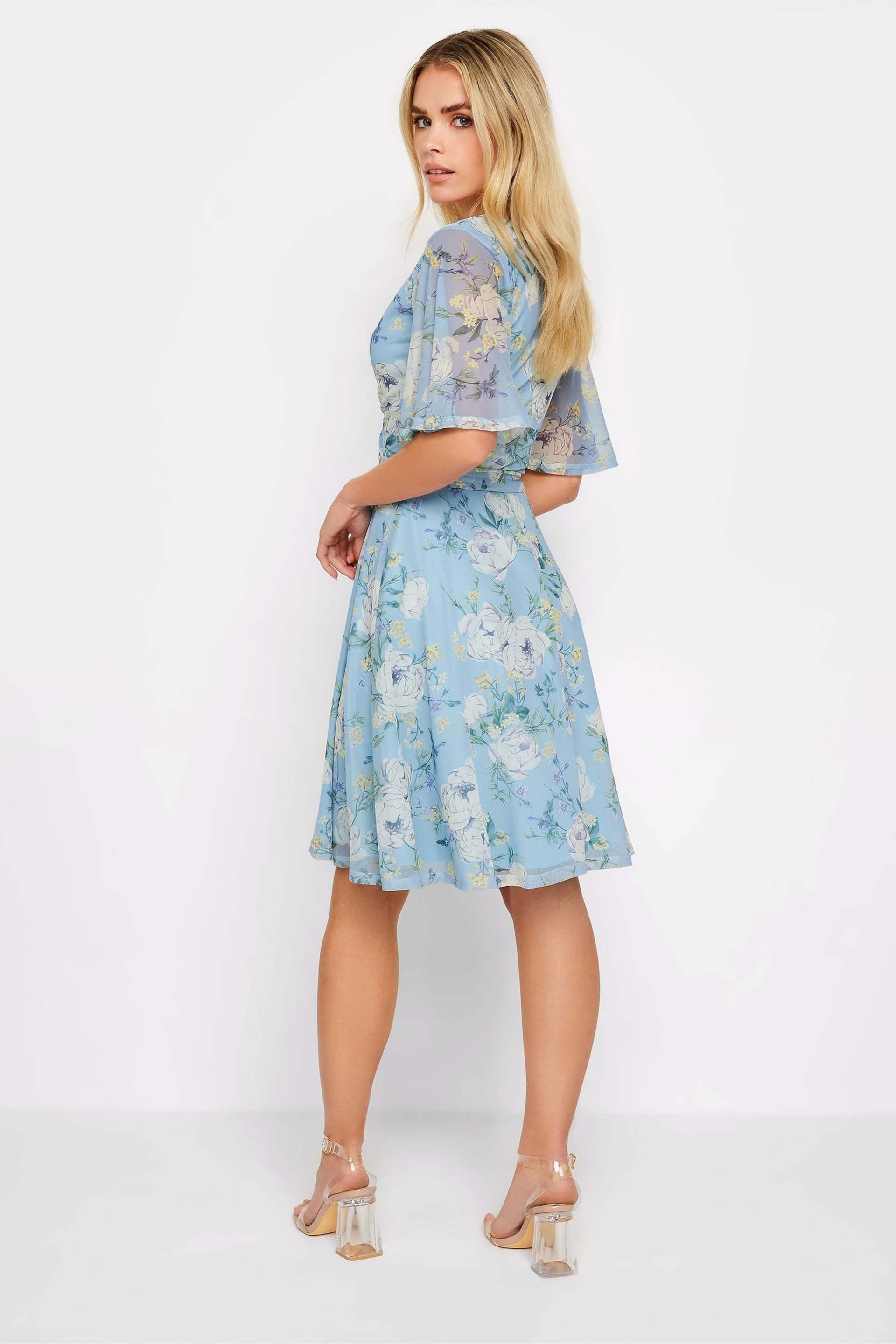 PixieGirl Petite Blue Floral Print Mesh Wrap Dress - Image 3 of 5