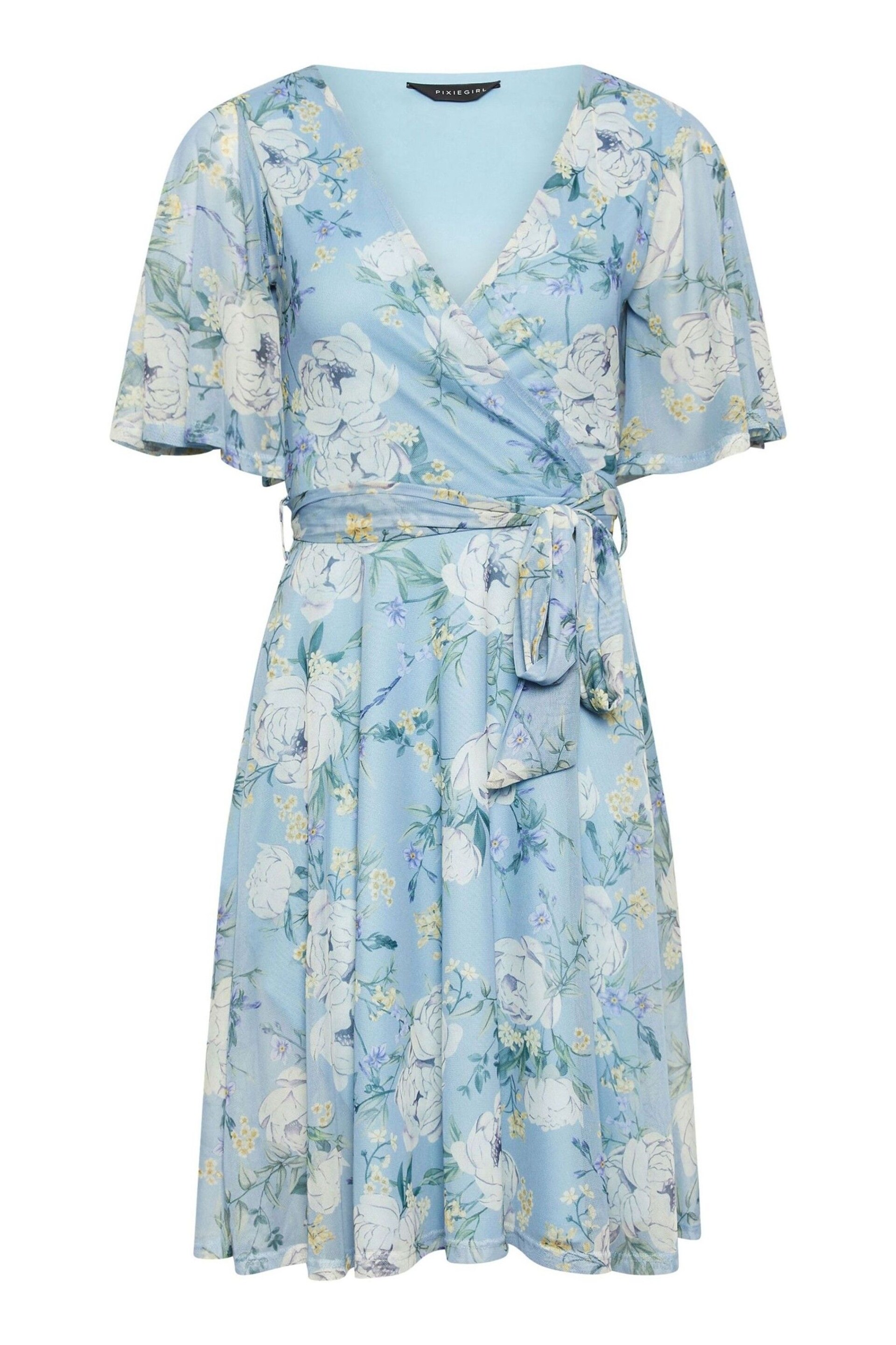 PixieGirl Petite Blue Floral Print Mesh Wrap Dress - Image 5 of 5