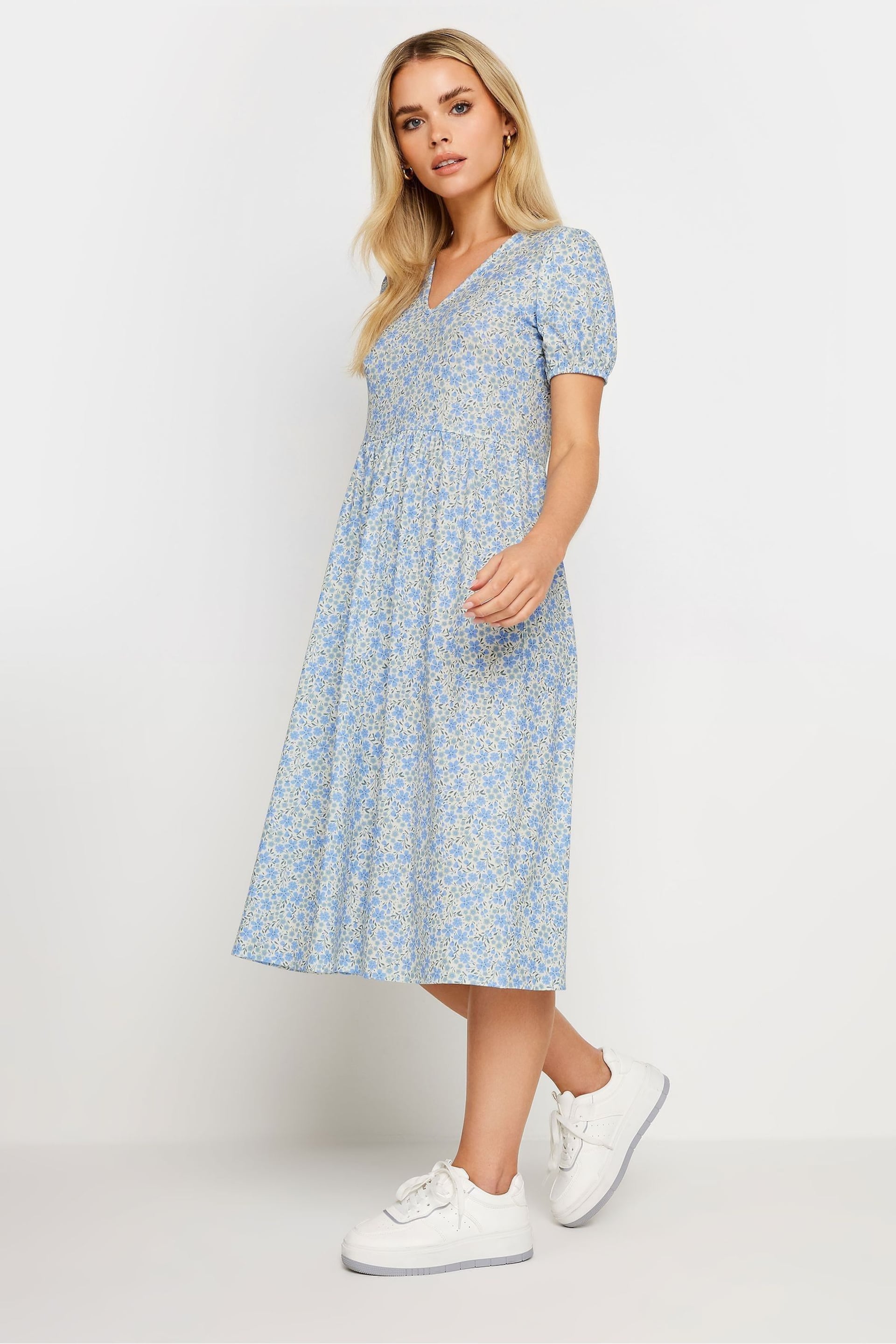 PixieGirl Petite Blue Floral Print V-Neck Midi Dress - Image 1 of 4