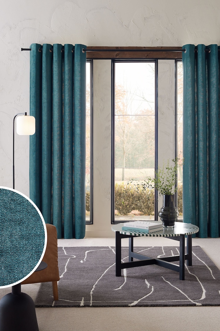 Teal Blue Matte Chenille Lined Eyelet Curtains - Image 1 of 5