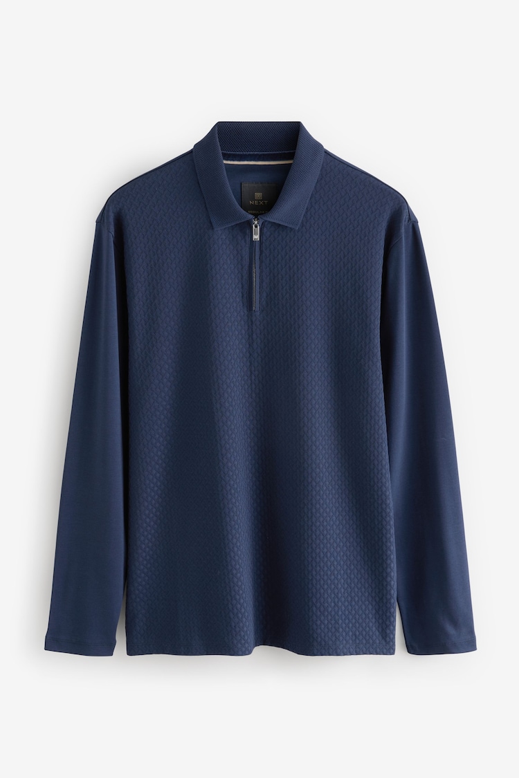 Navy Long Sleeve Textured Polo Shirt - Image 1 of 3