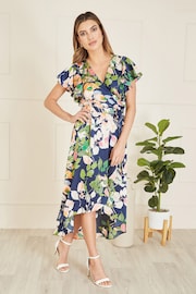 Mela Blue Floral Satin Wrap Over Midi Dress With Frill Sleeve - Image 1 of 5