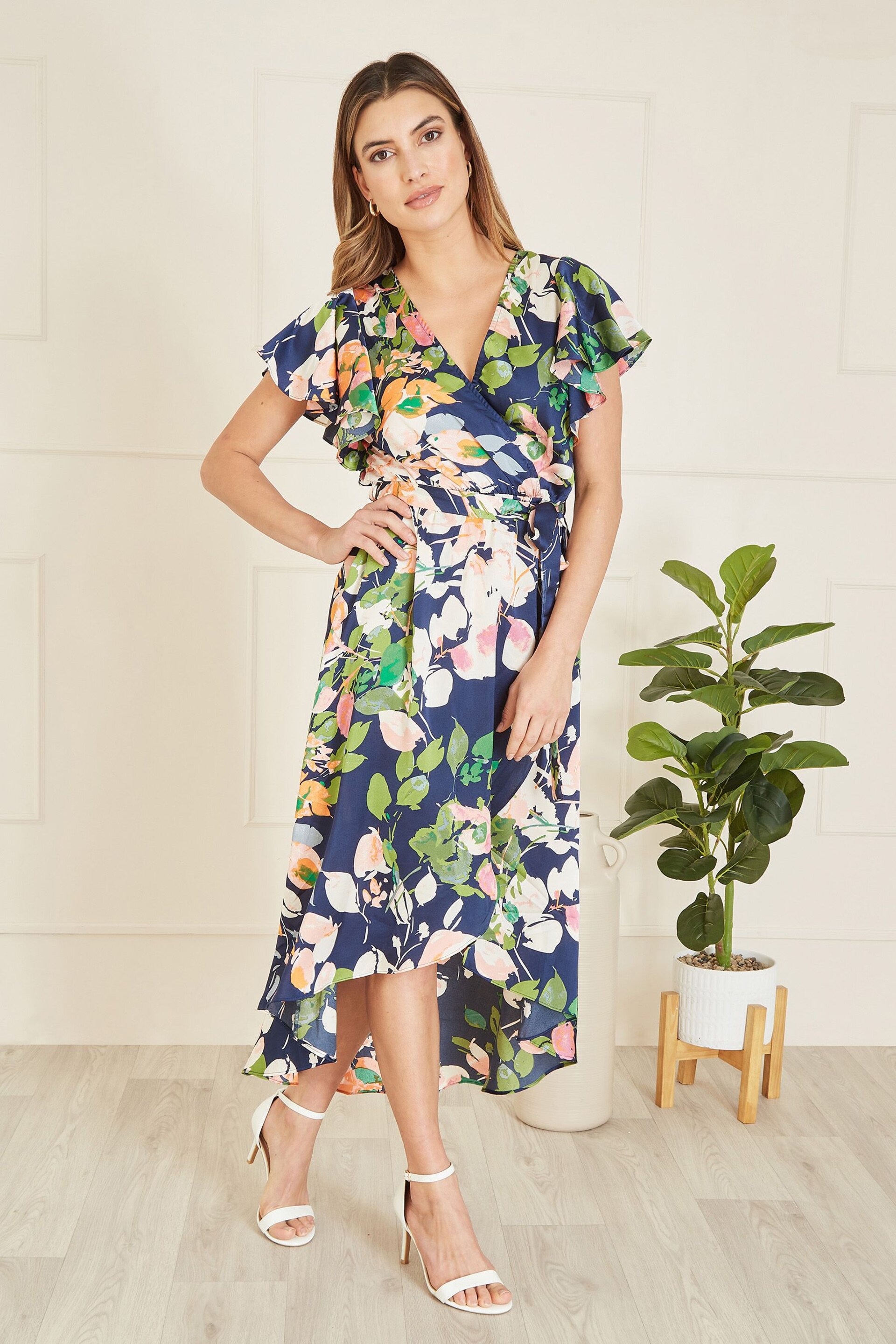 Mela Blue Floral Satin Wrap Over Midi Dress With Frill Sleeve - Image 1 of 5