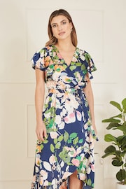 Mela Blue Floral Satin Wrap Over Midi Dress With Frill Sleeve - Image 2 of 5