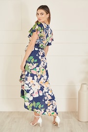 Mela Blue Floral Satin Wrap Over Midi Dress With Frill Sleeve - Image 4 of 5