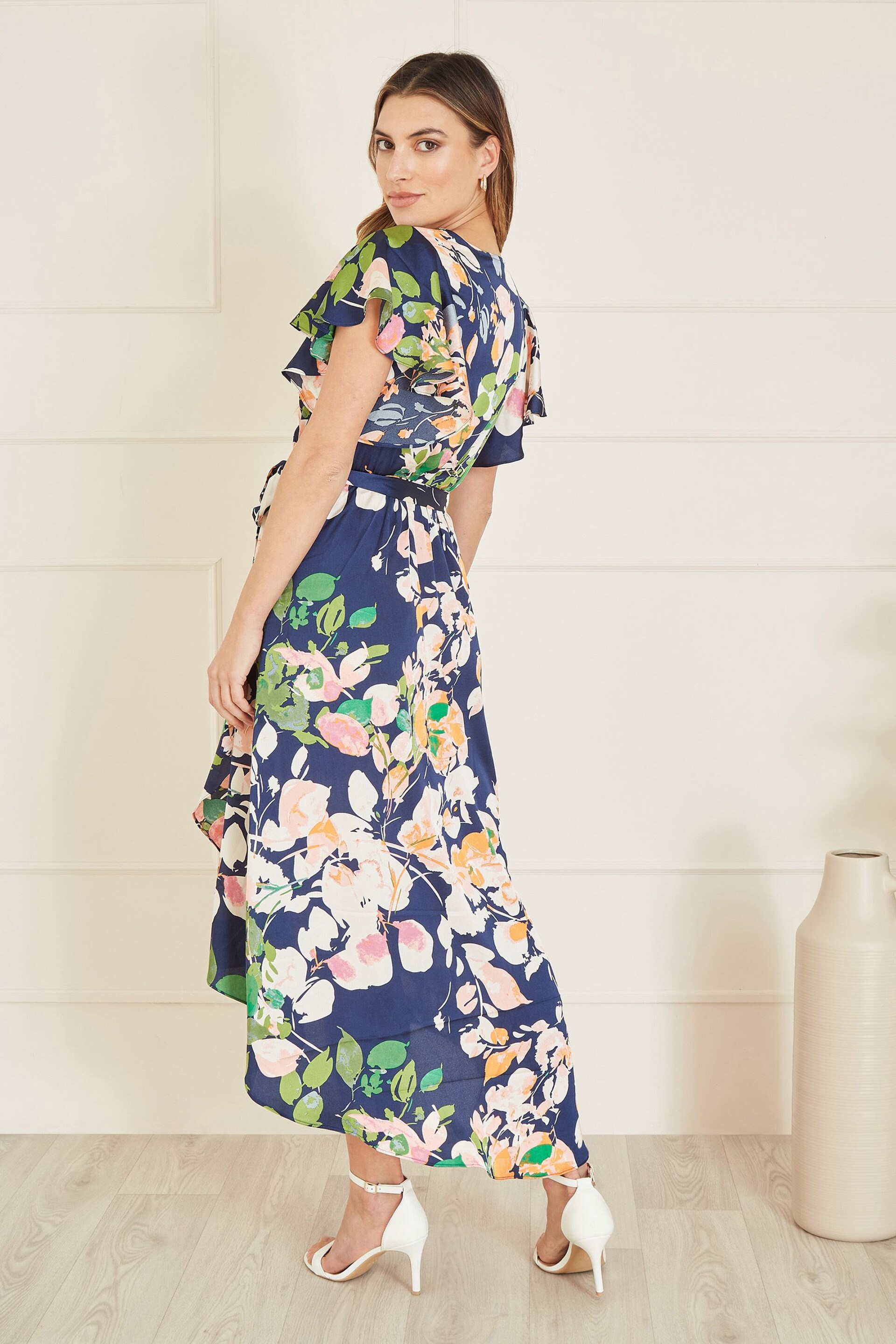 Mela Blue Floral Satin Wrap Over Midi Dress With Frill Sleeve - Image 4 of 5