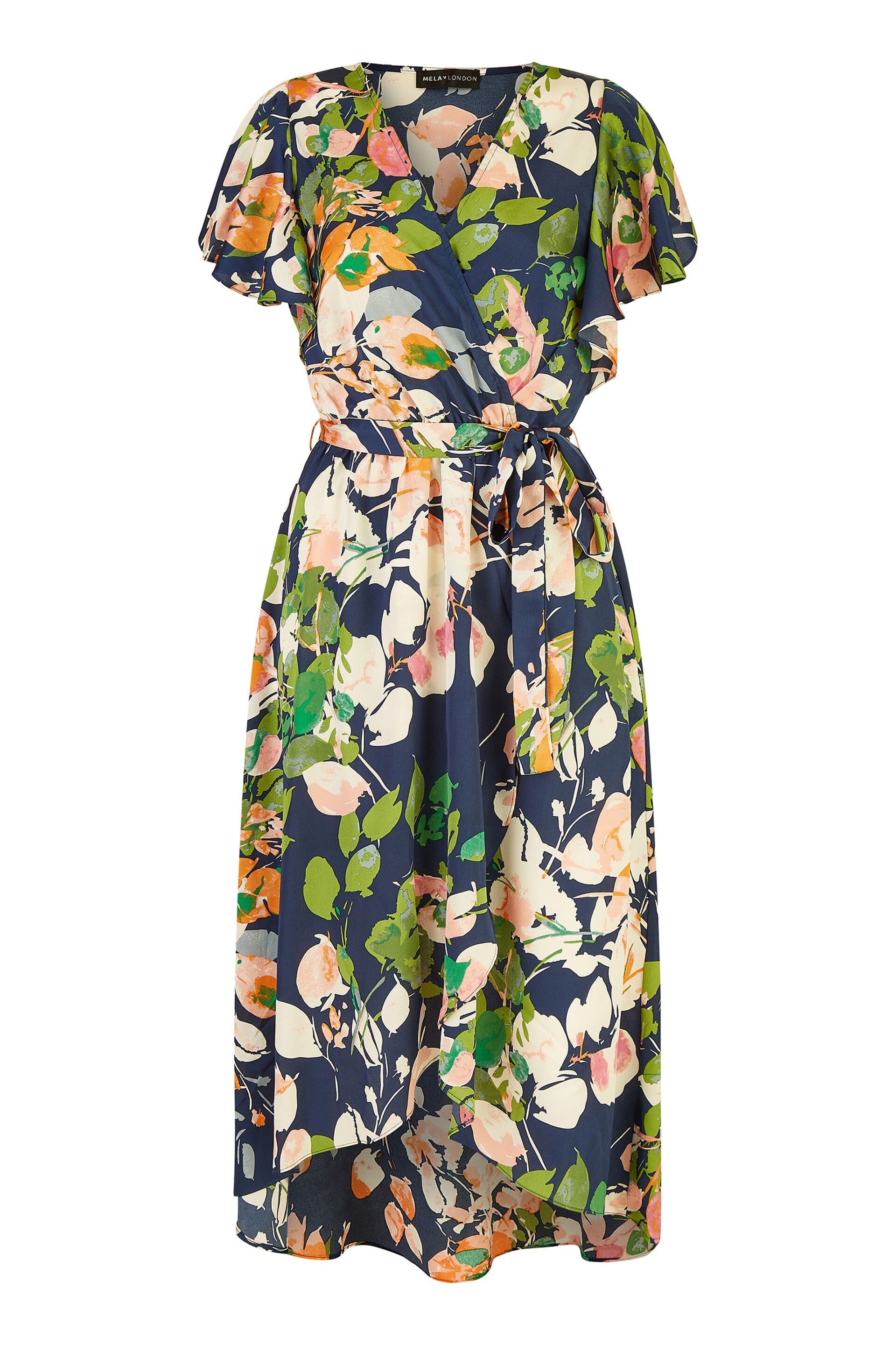 Mela Blue Floral Satin Wrap Over Midi Dress With Frill Sleeve - Image 5 of 5