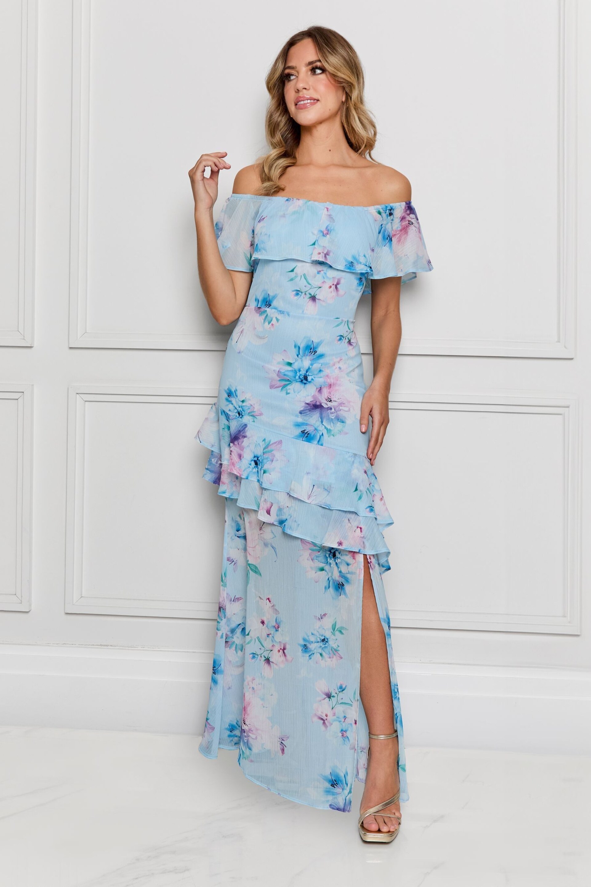 Sistaglam Blue Bardot Floaty Floral Maxi Dress With Front Split - Image 1 of 5