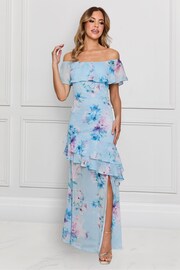 Sistaglam Blue Bardot Floaty Floral Maxi Dress With Front Split - Image 2 of 5