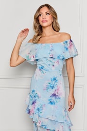 Sistaglam Blue Bardot Floaty Floral Maxi Dress With Front Split - Image 3 of 5