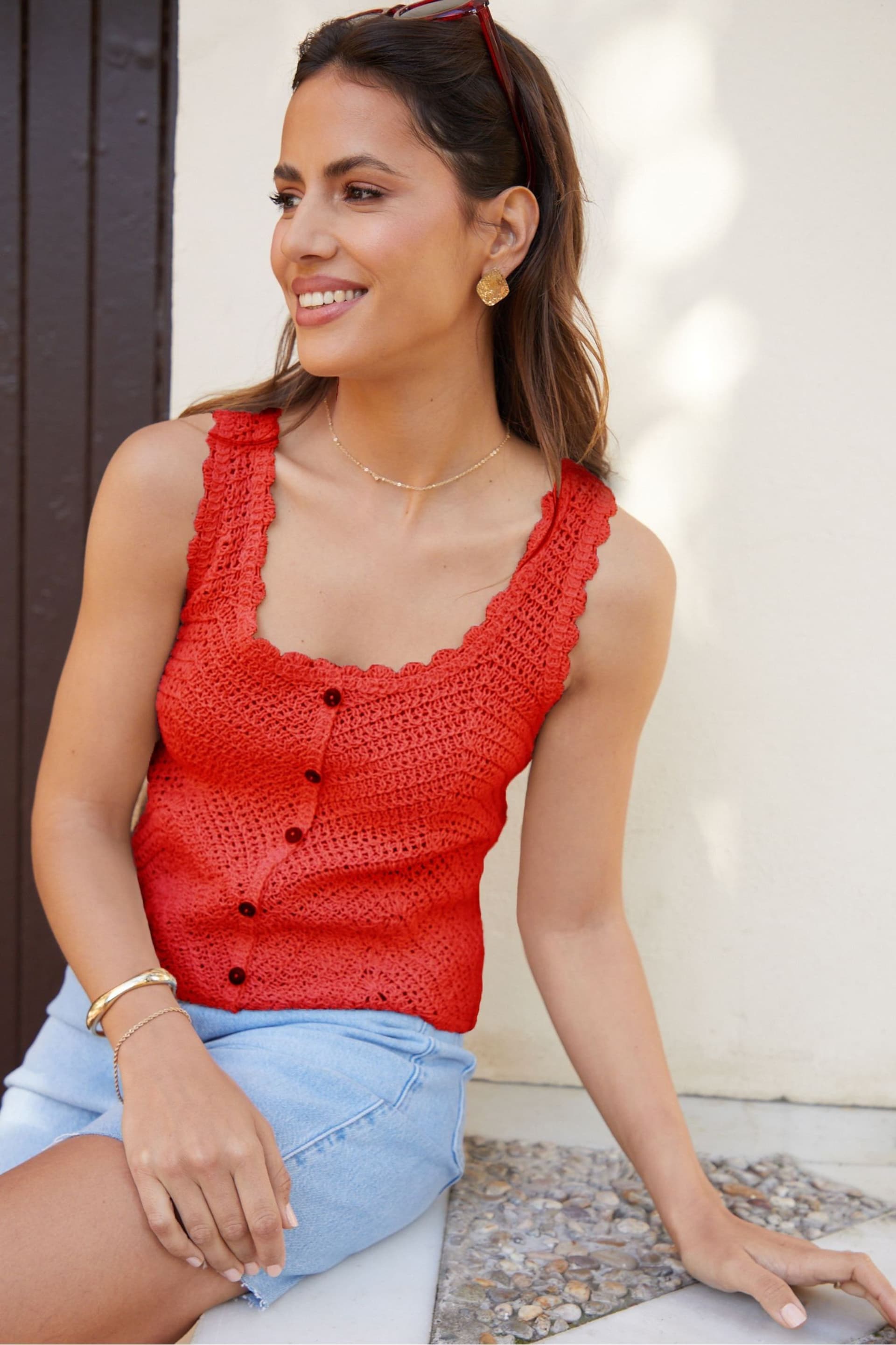 Threadbare Red Mock Button Down Crochet Knitted Vest - Image 1 of 4