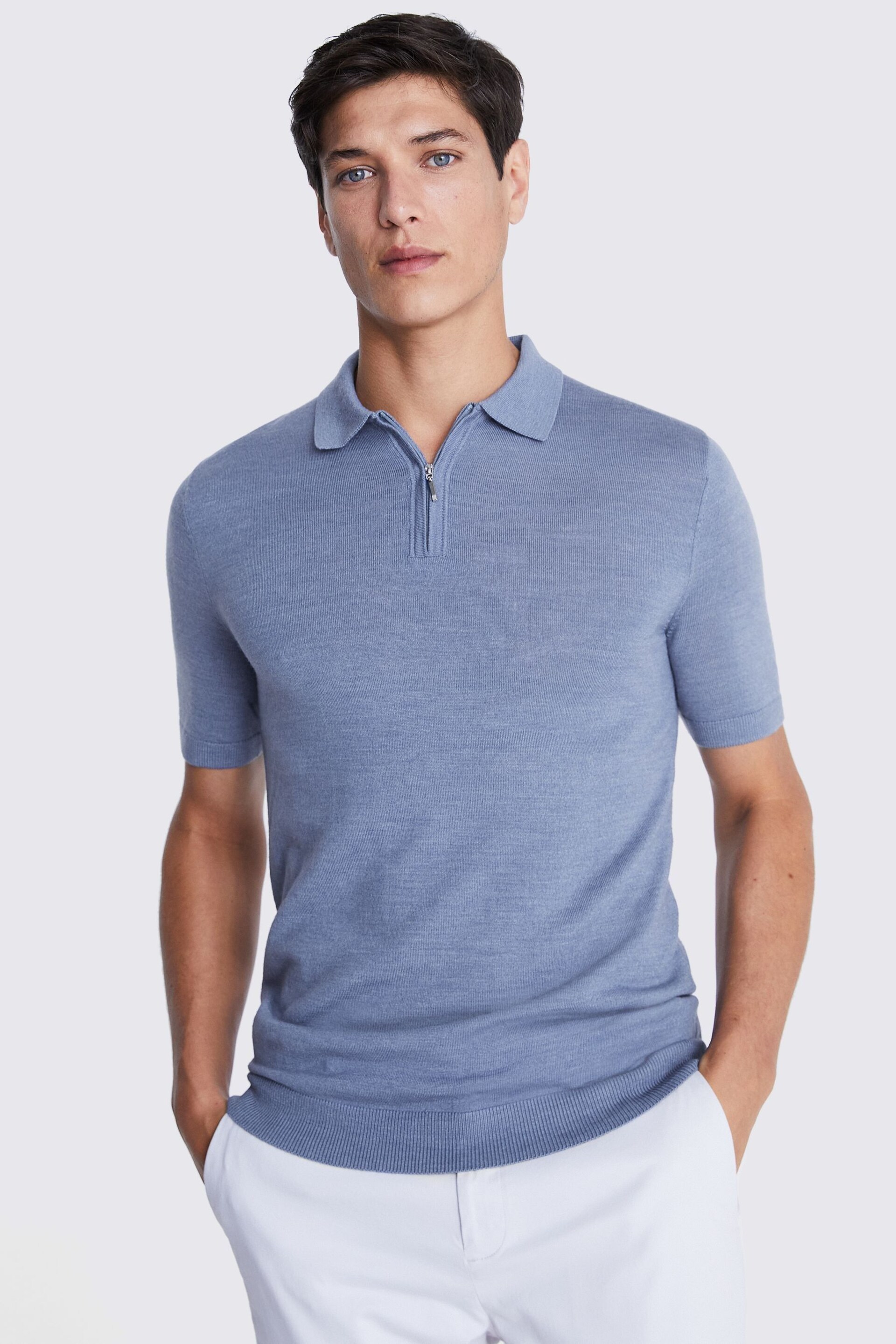 MOSS Sky Blue Merino Quarter Zip Polo Shirt - Image 1 of 3