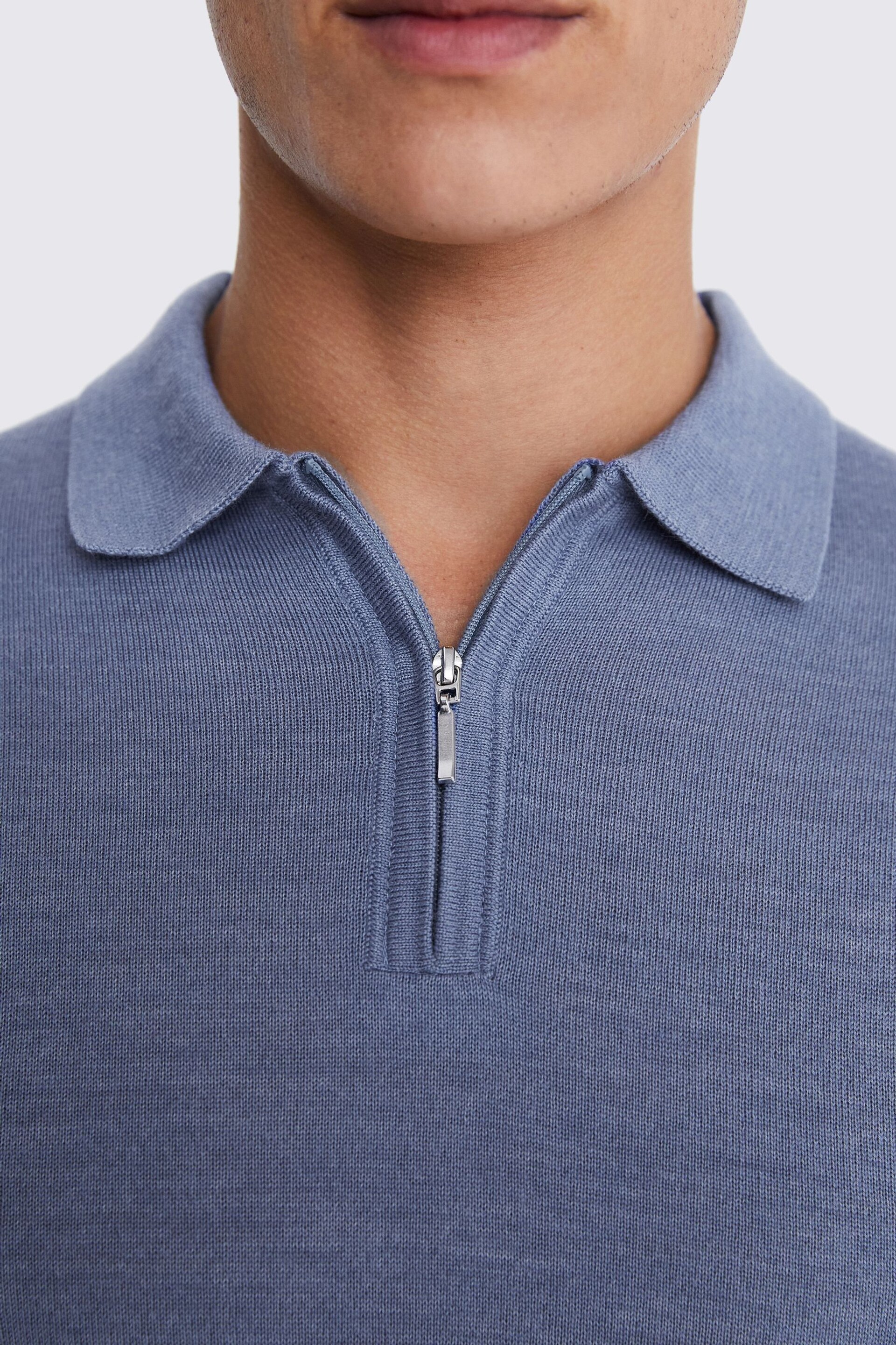 MOSS Sky Blue Merino Quarter Zip Polo Shirt - Image 3 of 3