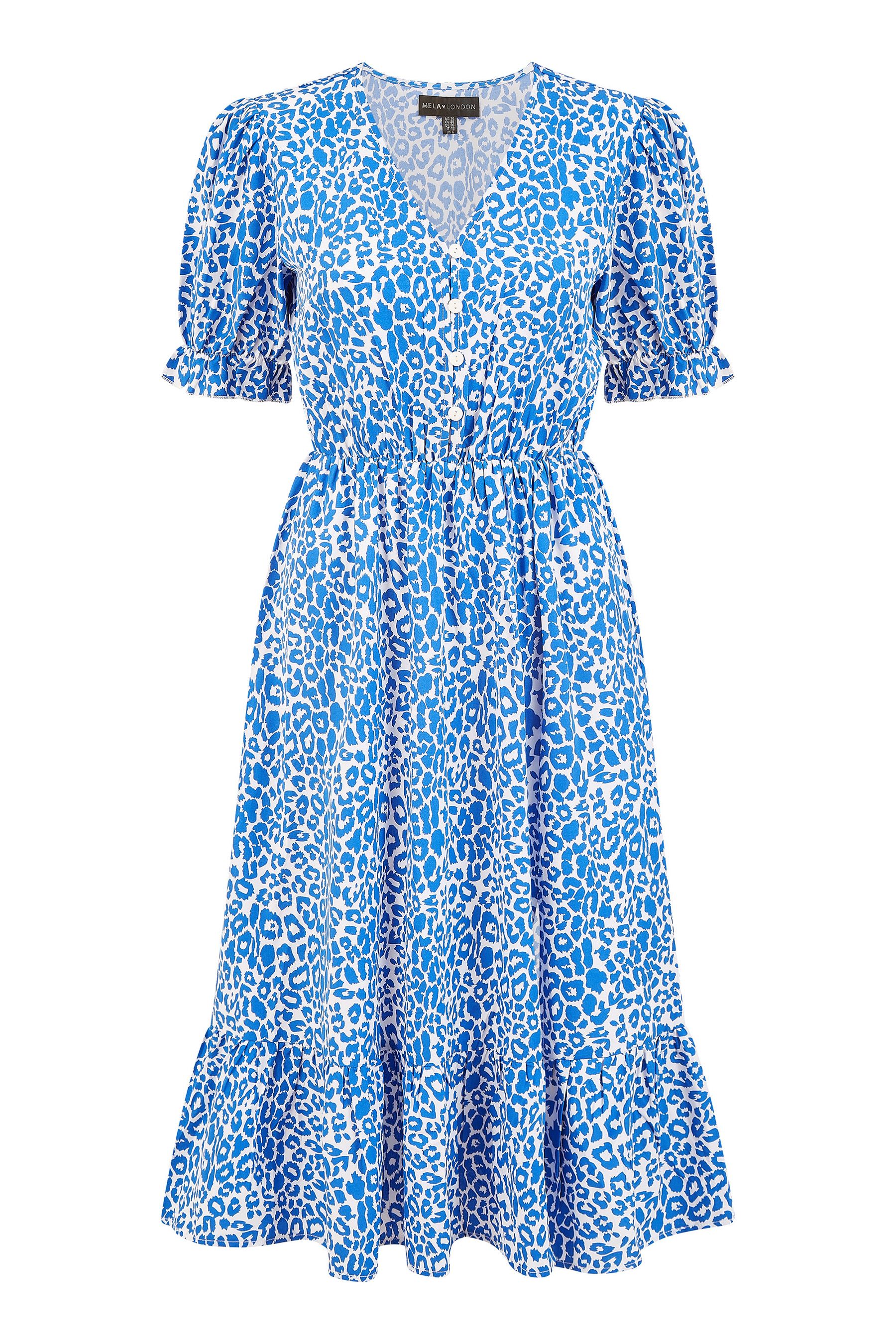Buy Mela Blue Leopard Print Midi Dress With Puff Sleeves and Split Hem from Next Luxembourg
