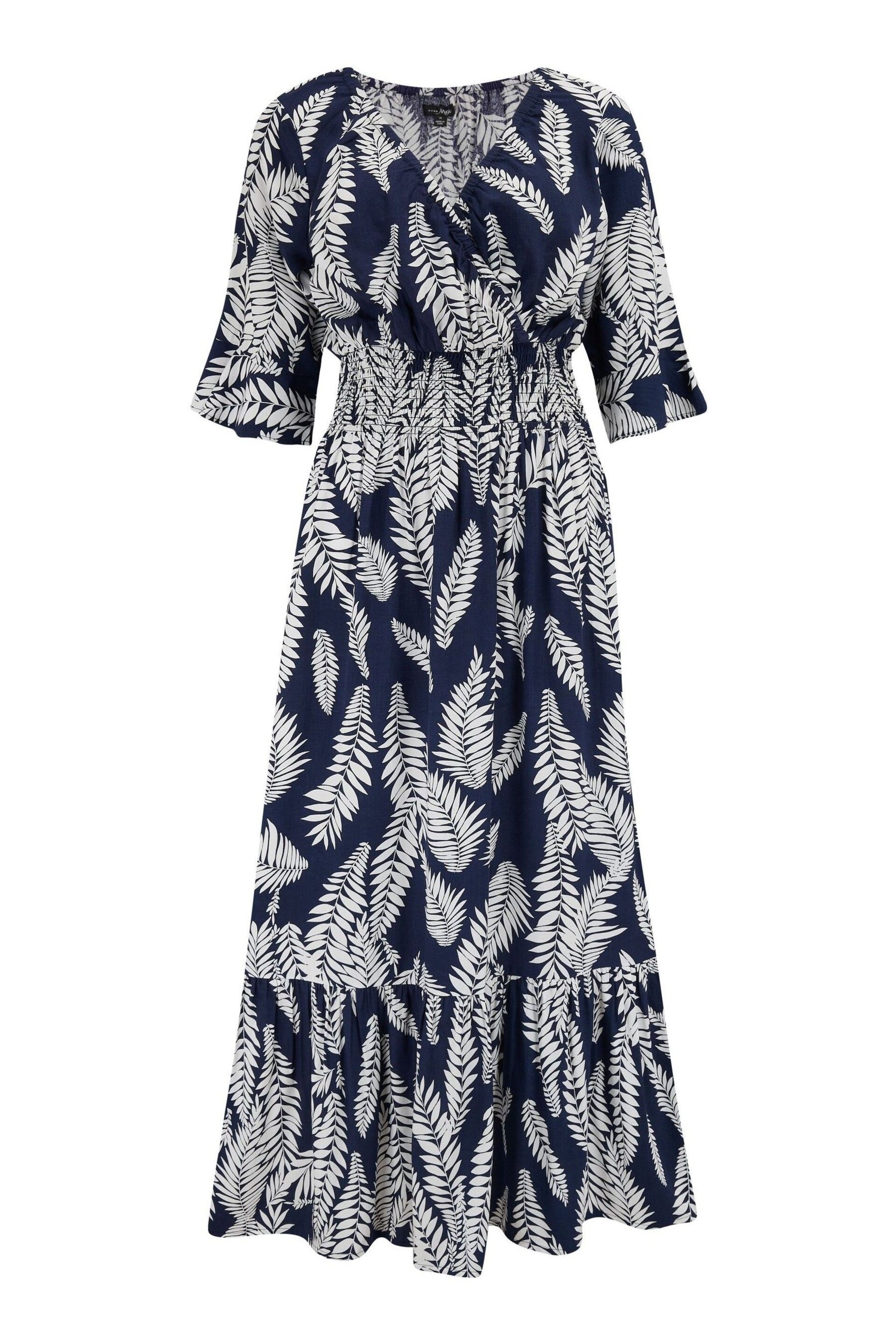 Pour Moi Navy Blue & White Leaf Carmen Fuller Bust LENZING™ ECOVERO™ Viscose Elasticated Neckline Midaxi Dress - Image 3 of 4