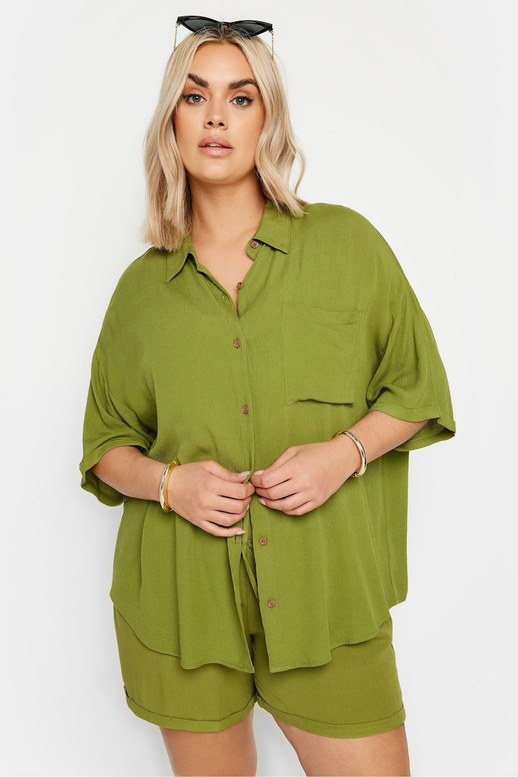 Yours Curve Green Limited Crinkle Short Sleeve Co-ord Shirt - Image 1 of 5