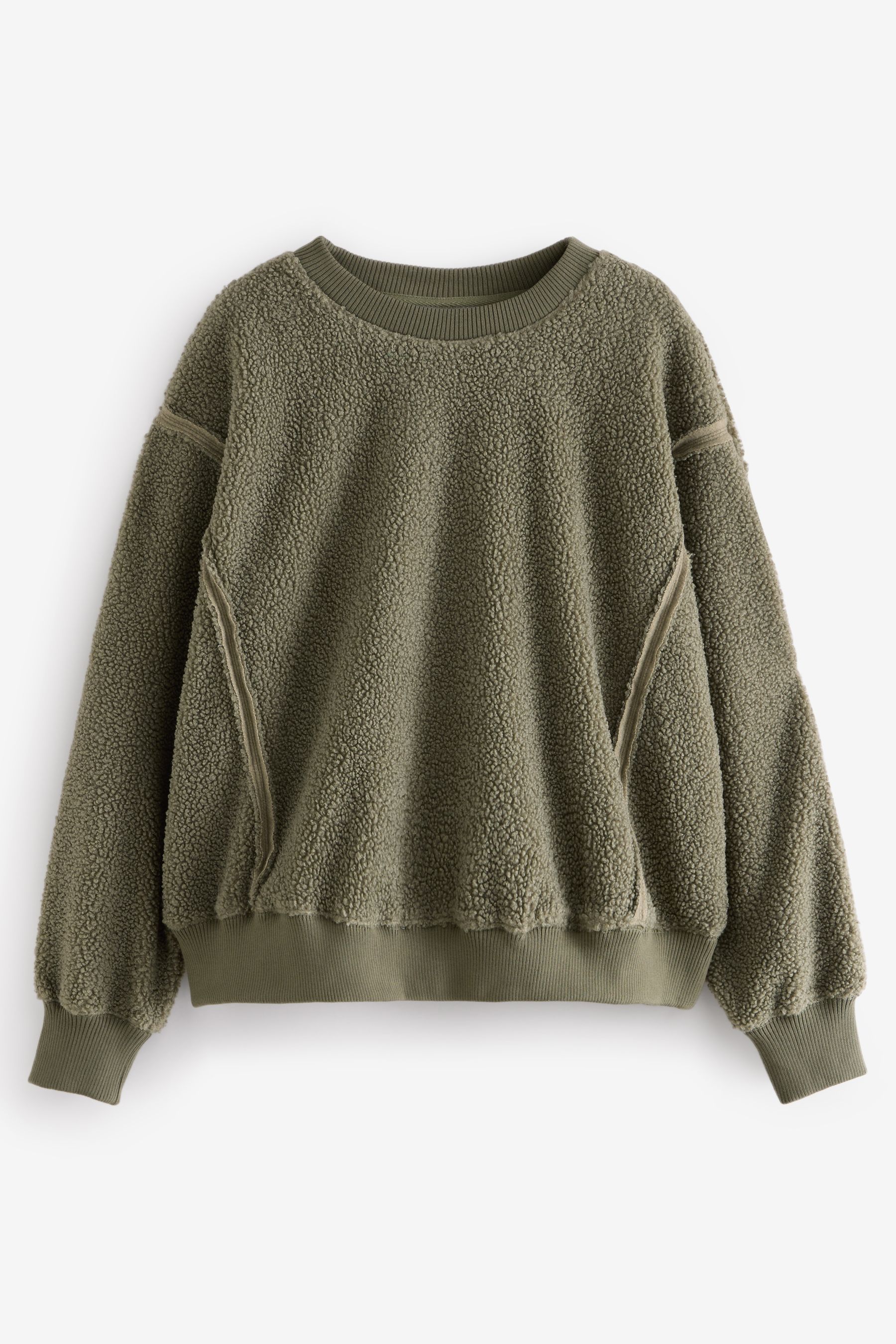 Buy Olive Green Teddy Fleece Borg Raw Edge Seam Detailing Crew Neck Sweatshirt from the Next UK online shop