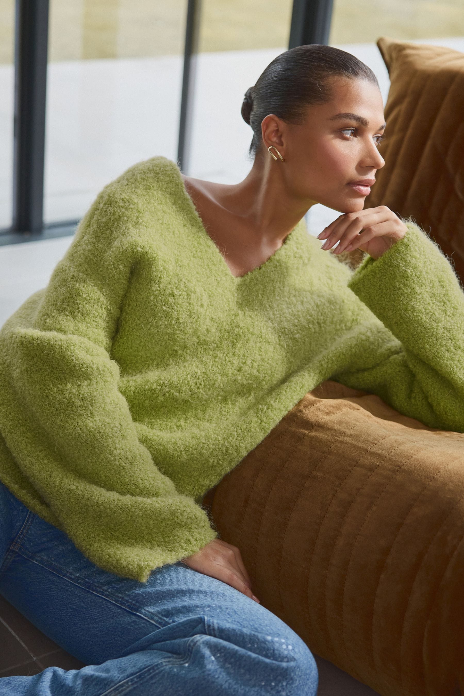 Off the shoulder olive green sweater shop