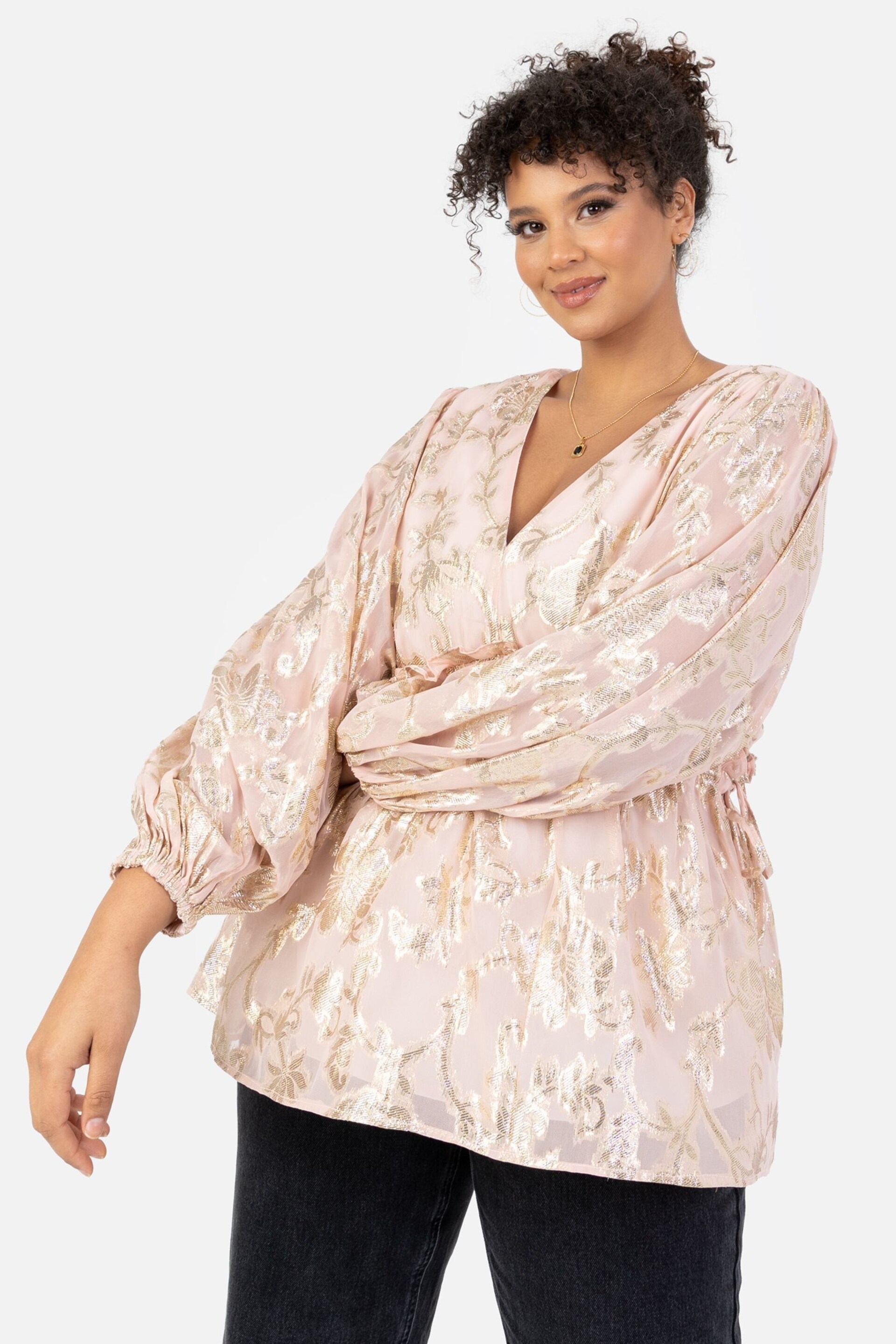 Lovedrobe Pink Long Sleeve Foiled Gathered Waist Peplum Top - Image 3 of 5