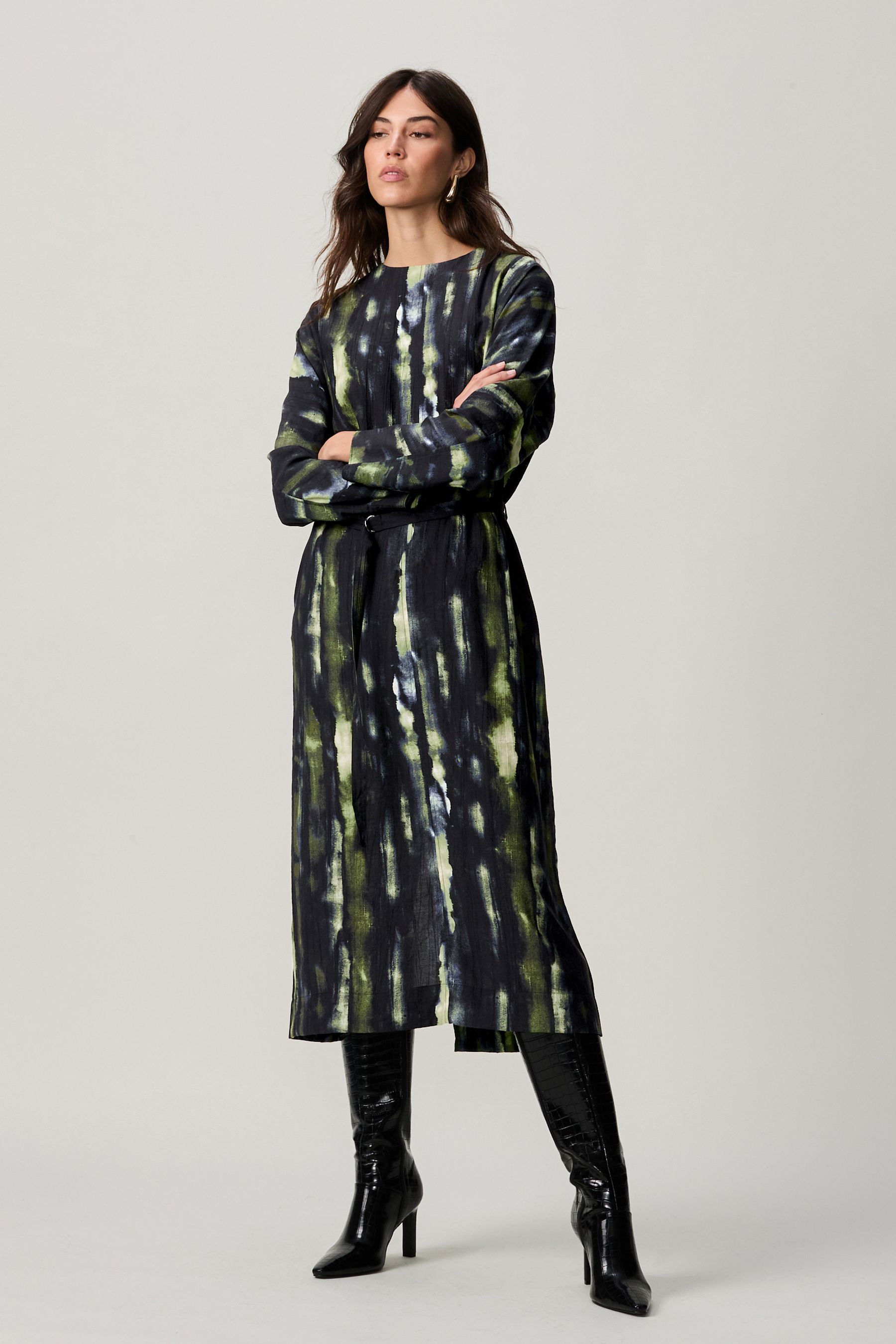Buy Green Abstract Blur Print Long Sleeve Batwing Midi Dress from the Next UK online shop