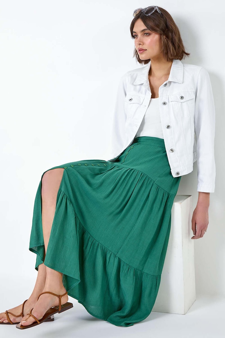 Roman Green Textured Button Tiered Midi Skirt - Image 1 of 5