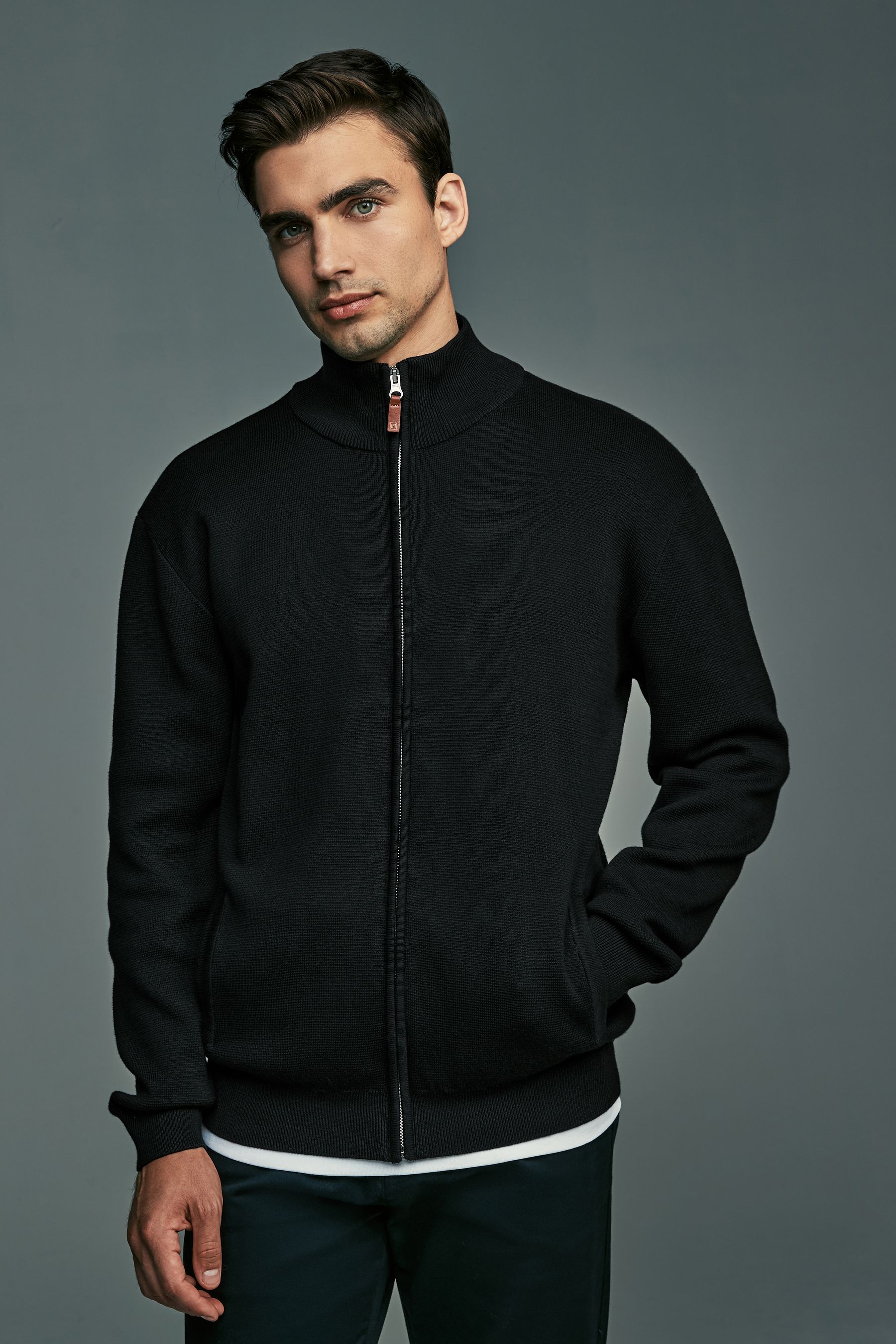 Buy Black Texture Regular Fit 100 Cotton Premium Zip Through Jumper from Next Luxembourg