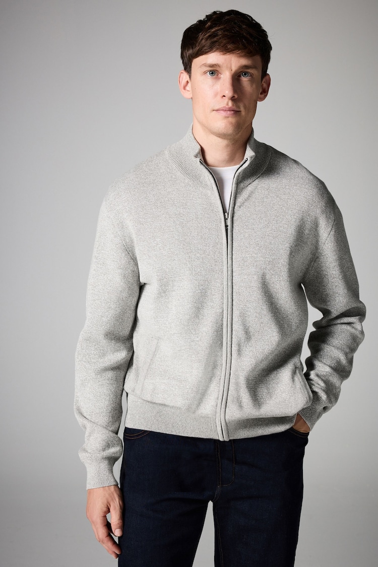 Light Grey Plain Regular Fit 100% Cotton Premium Zip-Through Jumper - Image 1 of 7