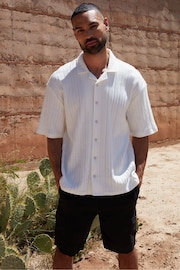 Threadbare White Cotton Blend Zig Zag Revere Collar Short Sleeve Shirt - Image 1 of 5