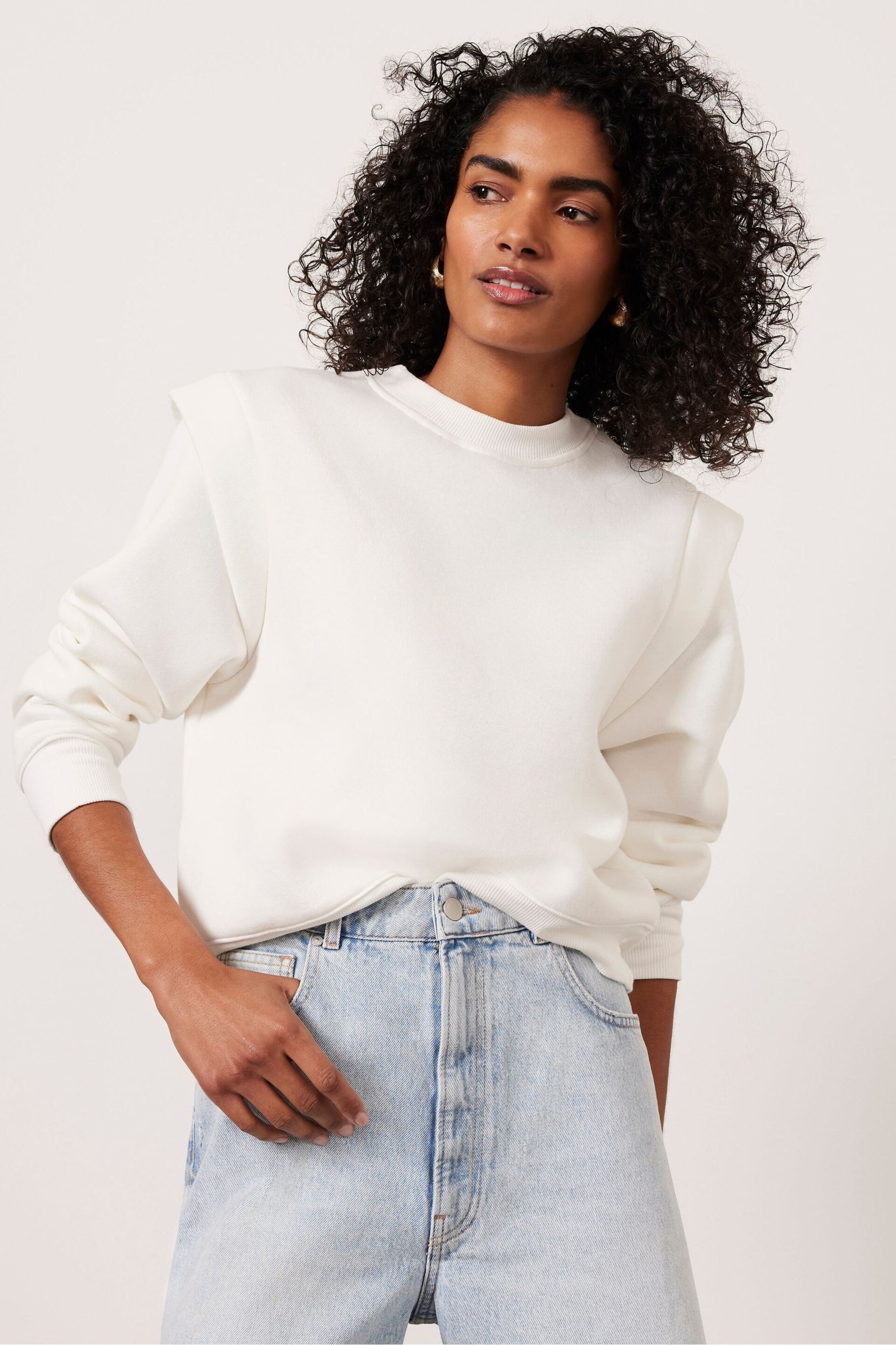 Mint Velvet White Cotton Extended Shoulder Sweatshirt - Image 2 of 4