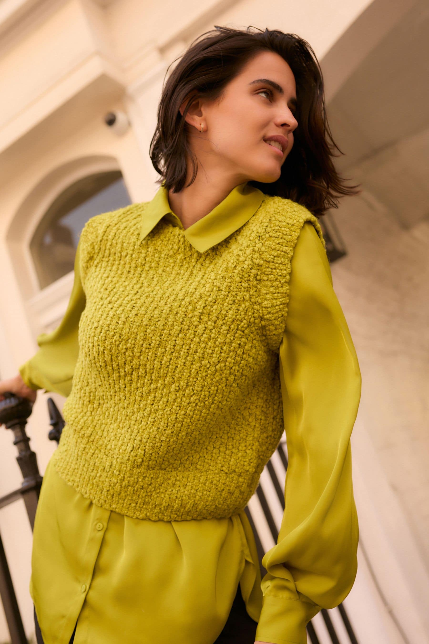 NEXT Lime Green Sleeveless Satin Shirt Layer Knitted Vest Jumper XL Reg Womens