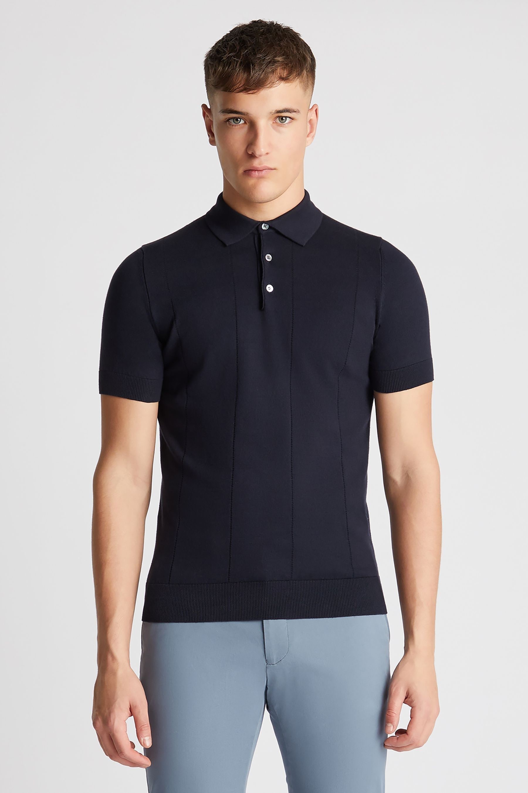 Remus Uomo Blue Slim Fit Knitted 100 Cotton Short Sleeve Polo Shirt