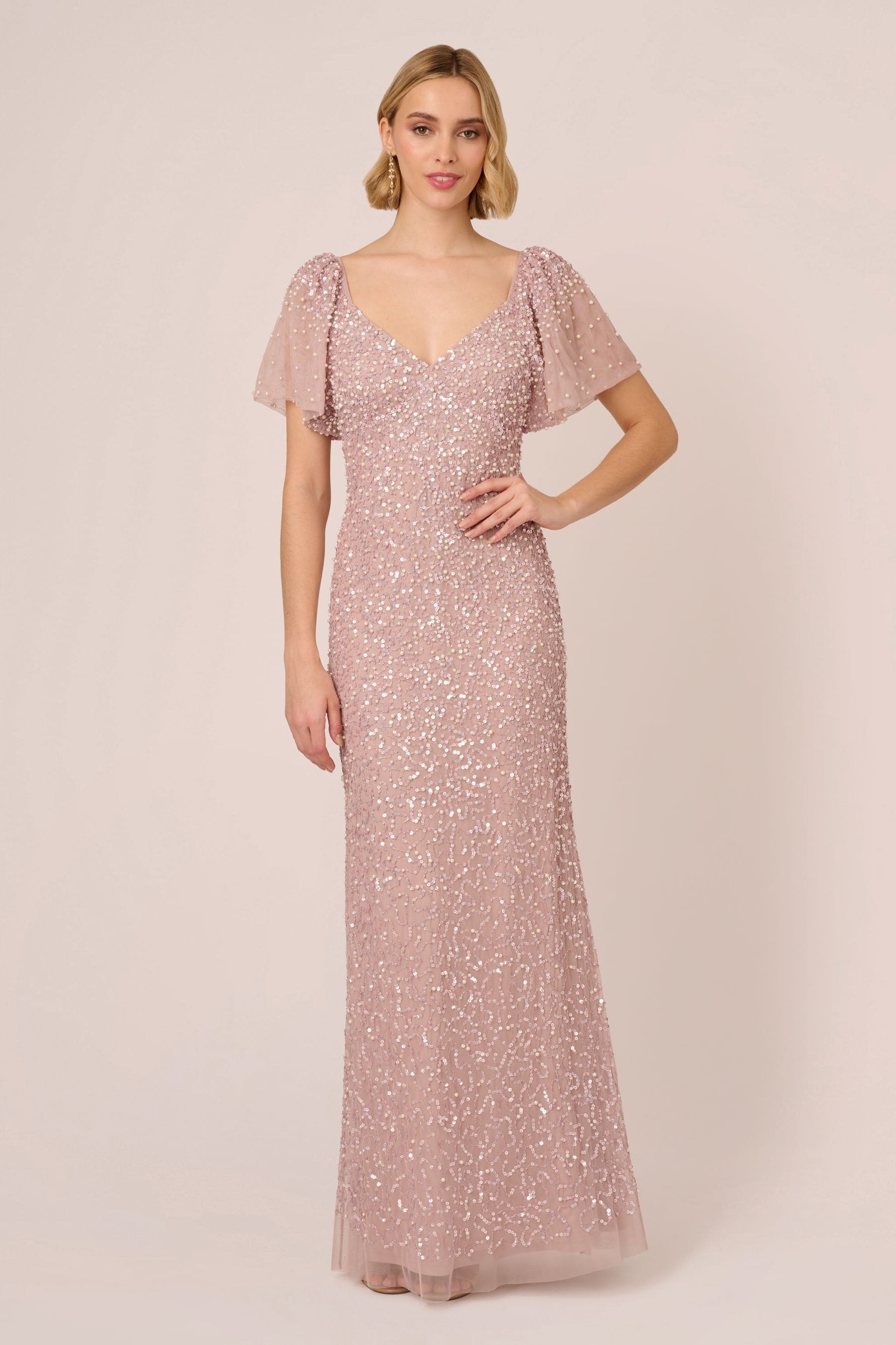 Buy Adrianna Papell Pink V Neck Beaded Mesh Long Dress from Next Luxembourg