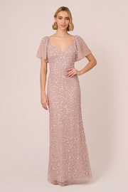 Adrianna Papell Pink V-Neck Beaded Mesh Long Dress - Image 1 of 7