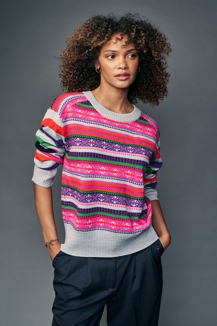 Pink Fairisle Stripe Soft Touch Knitted Cosy Crew Neck Jumper - Image 2 of 7