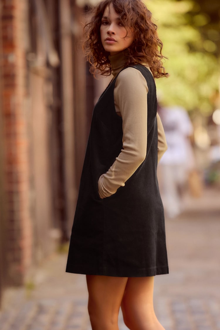 Black Corduroy Short Sleeve Mini Dress - Image 2 of 8