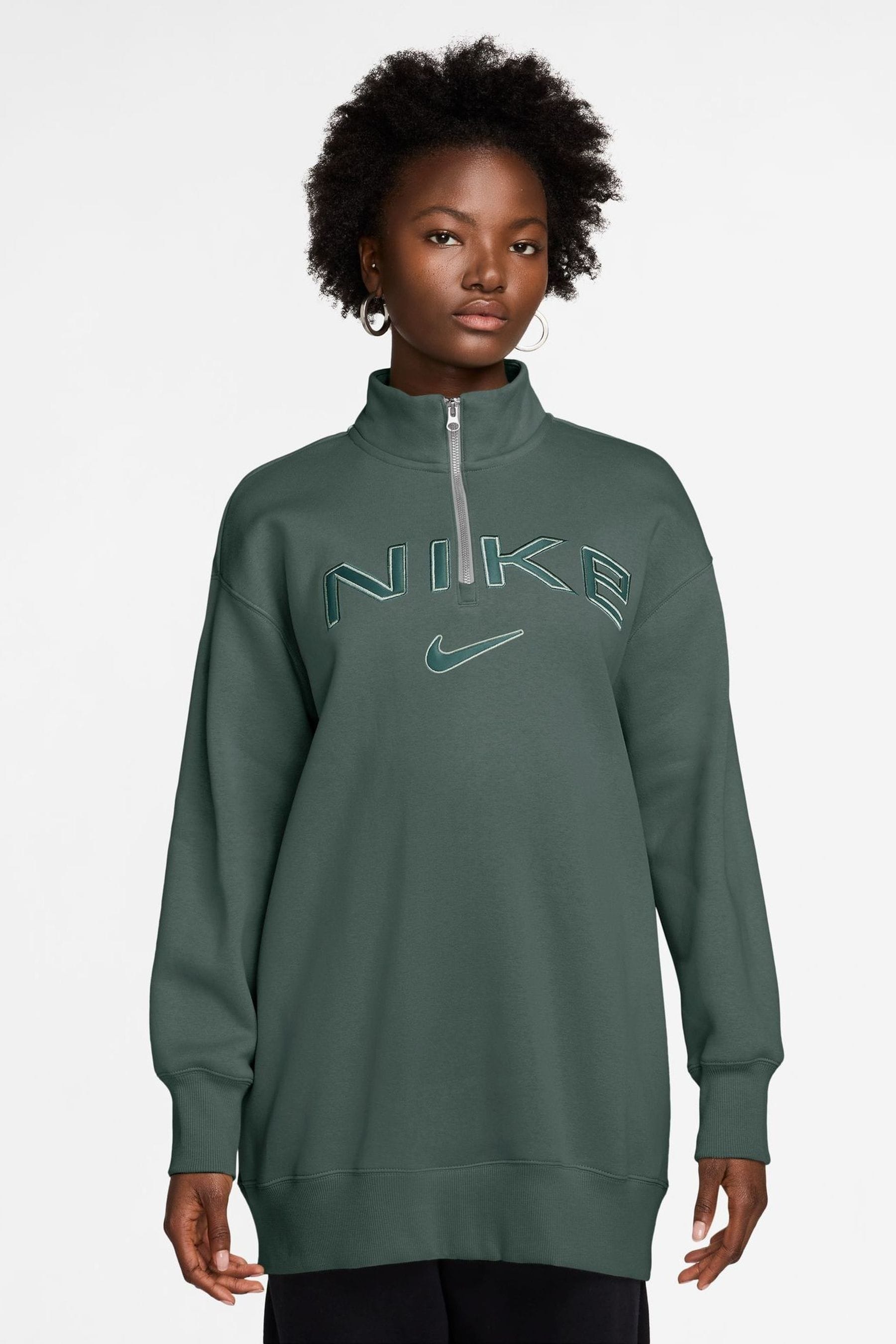 Nike Dark Green Phoenix Fleece Varsity Over Oversized Logo Quarter Zip Sweatshirt