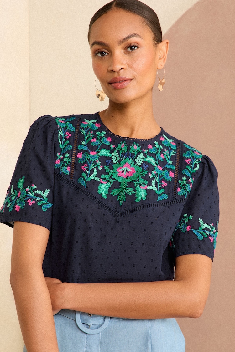 Buy Love Roses Navy Blue Embroidered Yoke Puff Sleeve Blouse From The buy-love-roses-navy-blue-embroidered-yoke-puff-sleeve-blouse-from-the
