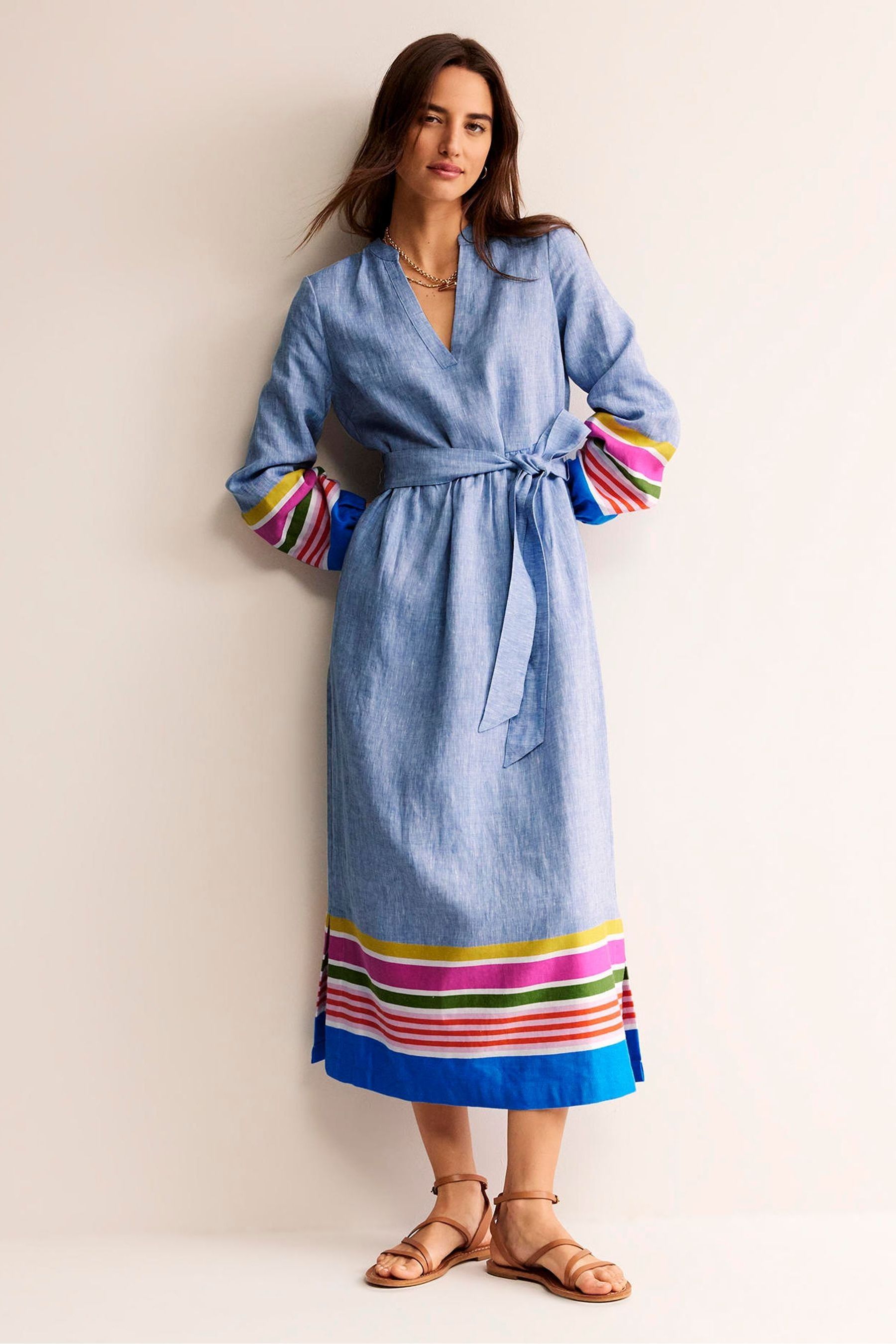 Boden Blue Linen Maxi Notch Neck Dress