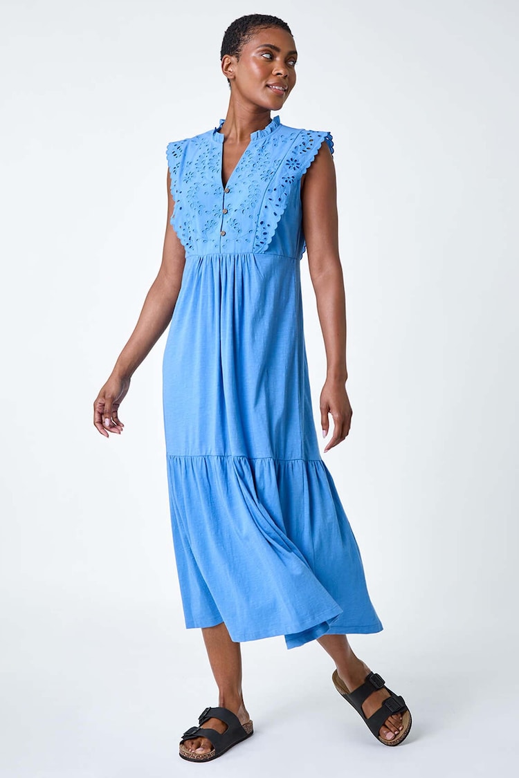 Roman Blue Broderie Frilled 100% Cotton Midi Dress - Image 2 of 5