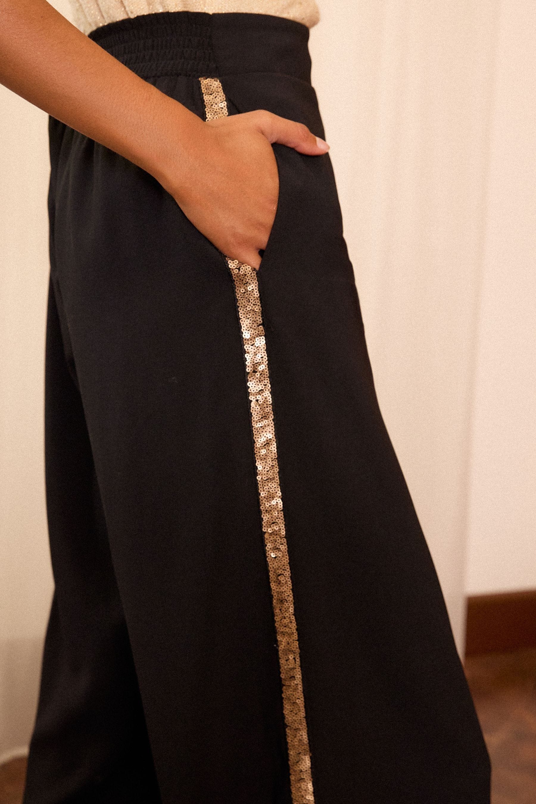 Buy Love Roses Black Sequin Side Stripe Wide Leg Trousers from the Next UK online shop