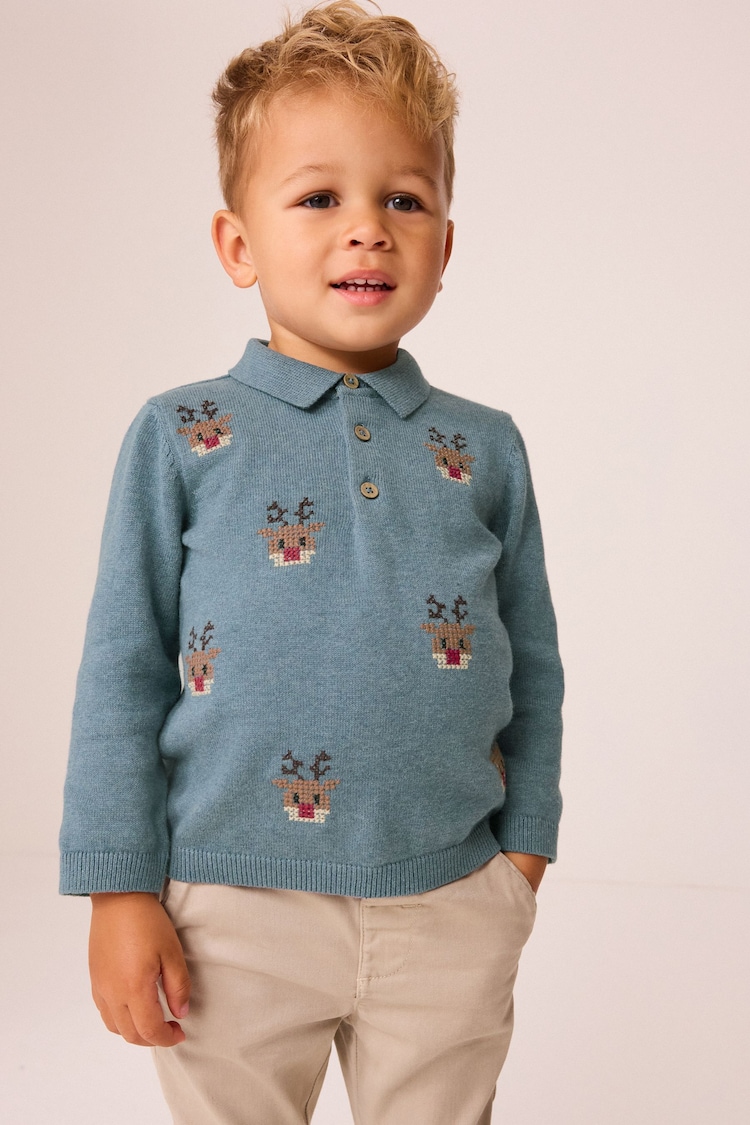 Blue Reindeer 100% Cotton Christmas Long Sleeve Knitted Polo Shirt (3mths-7yrs) - Image 1 of 6