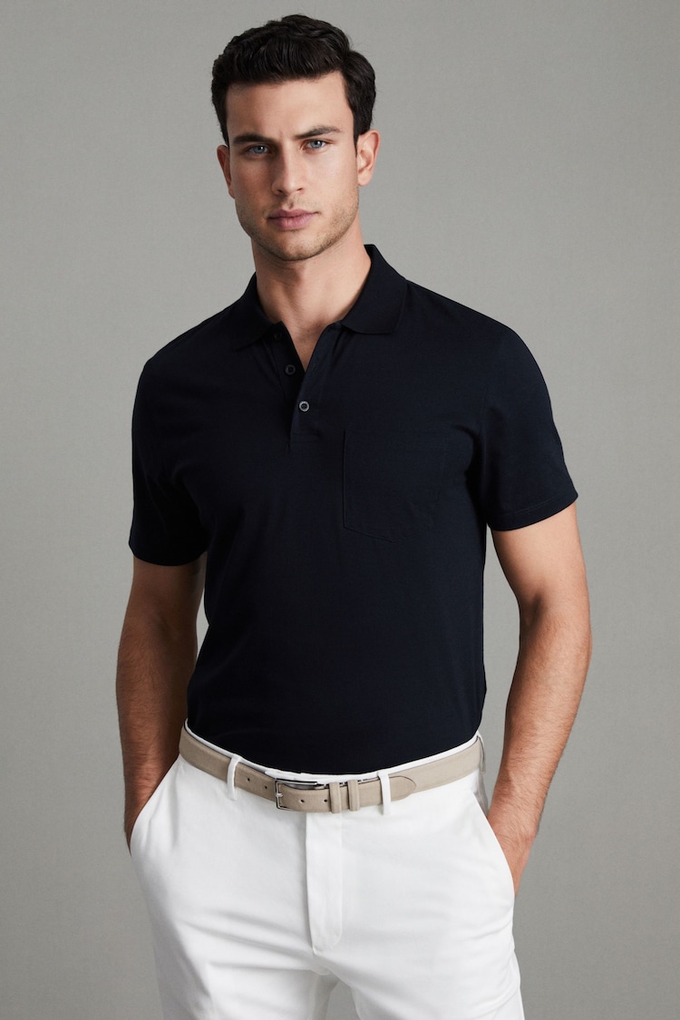 Reiss Navy Austin Mercerised Cotton Polo Shirt - Image 1 of 7