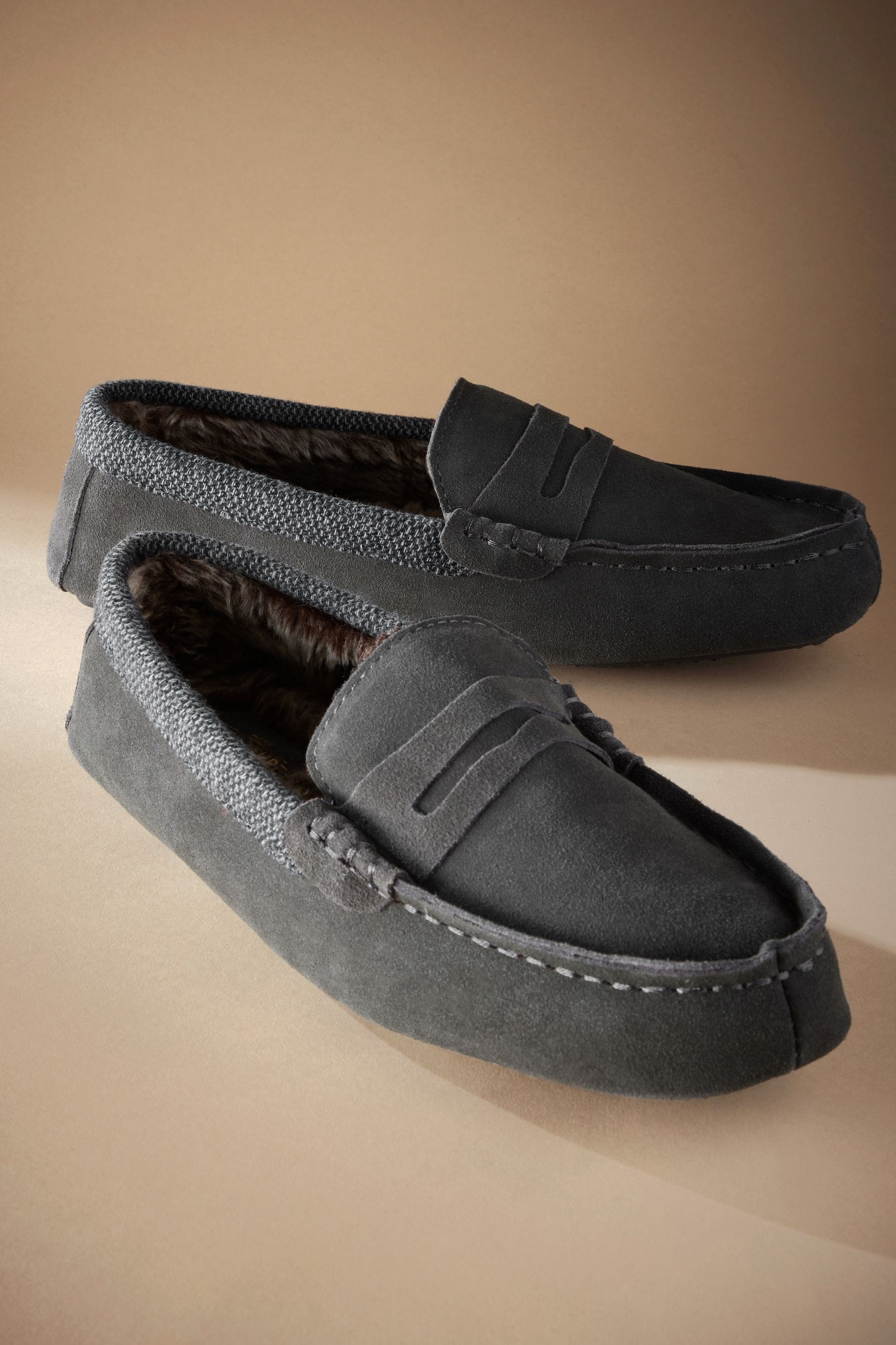 Grey moccasin slippers on sale