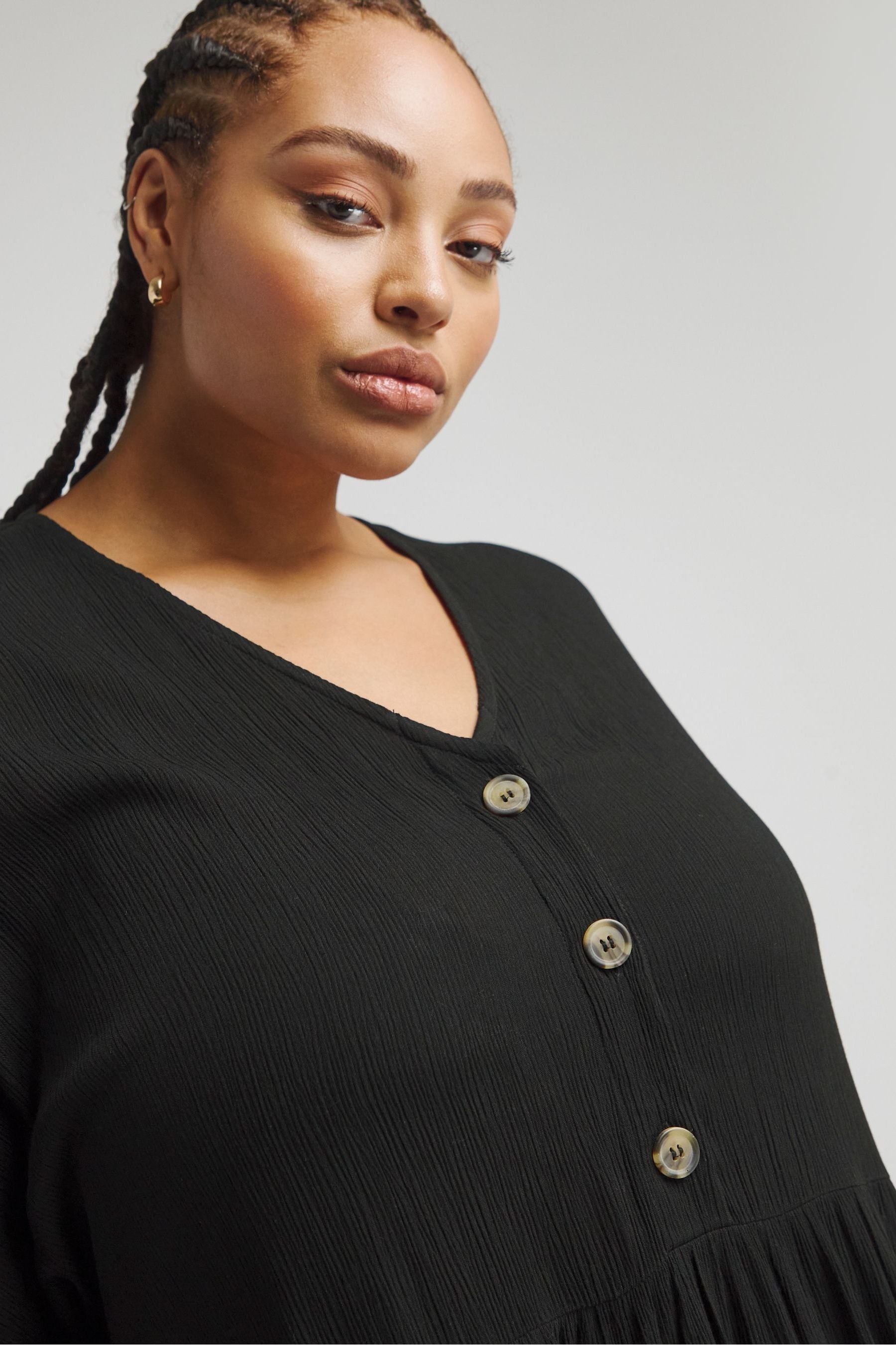 Simply Be Black Crinkle Button Through Smock Dress With Pockets