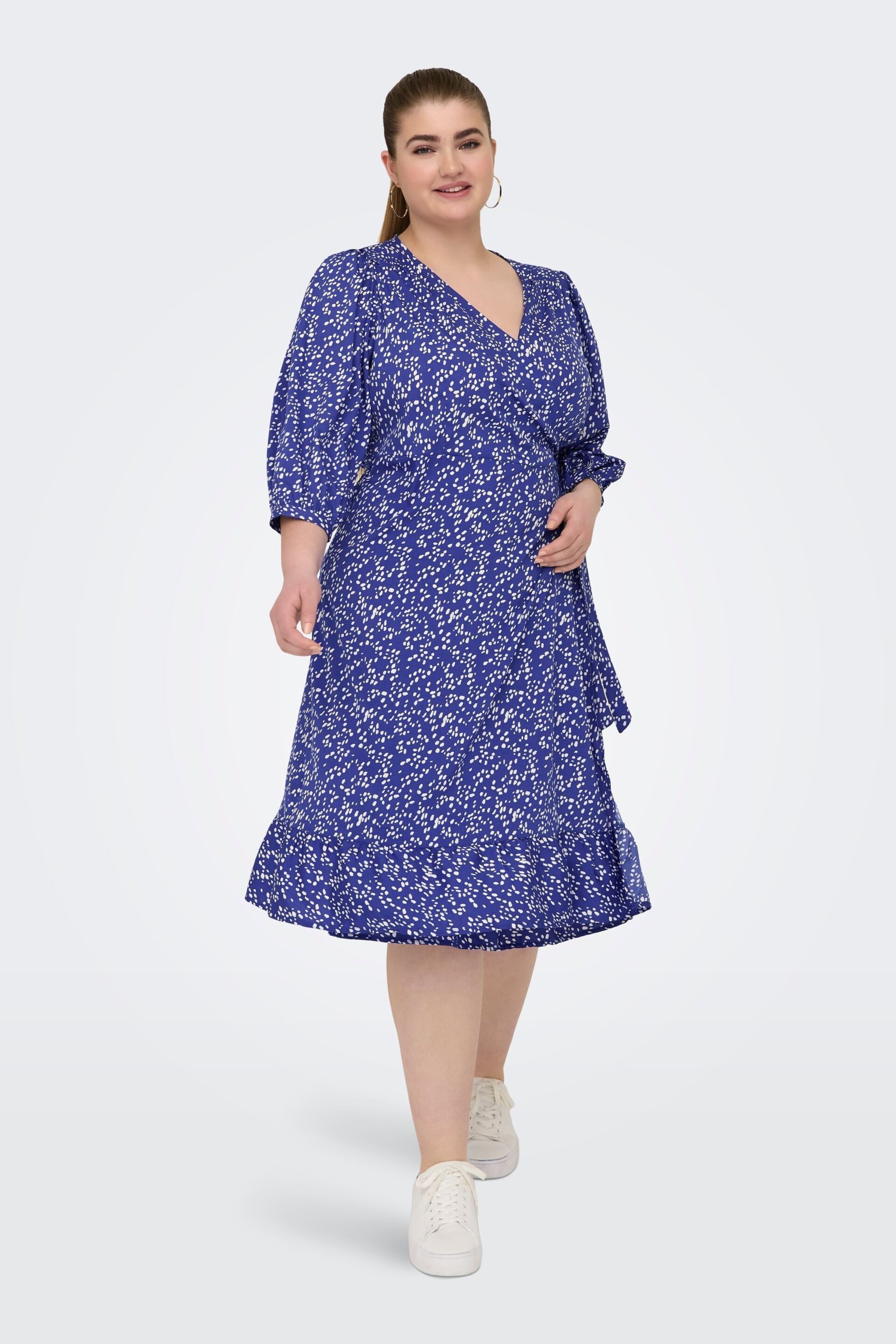 ONLY Curve Blue Polka Dot Print Midi Wrap Dress - Image 1 of 8