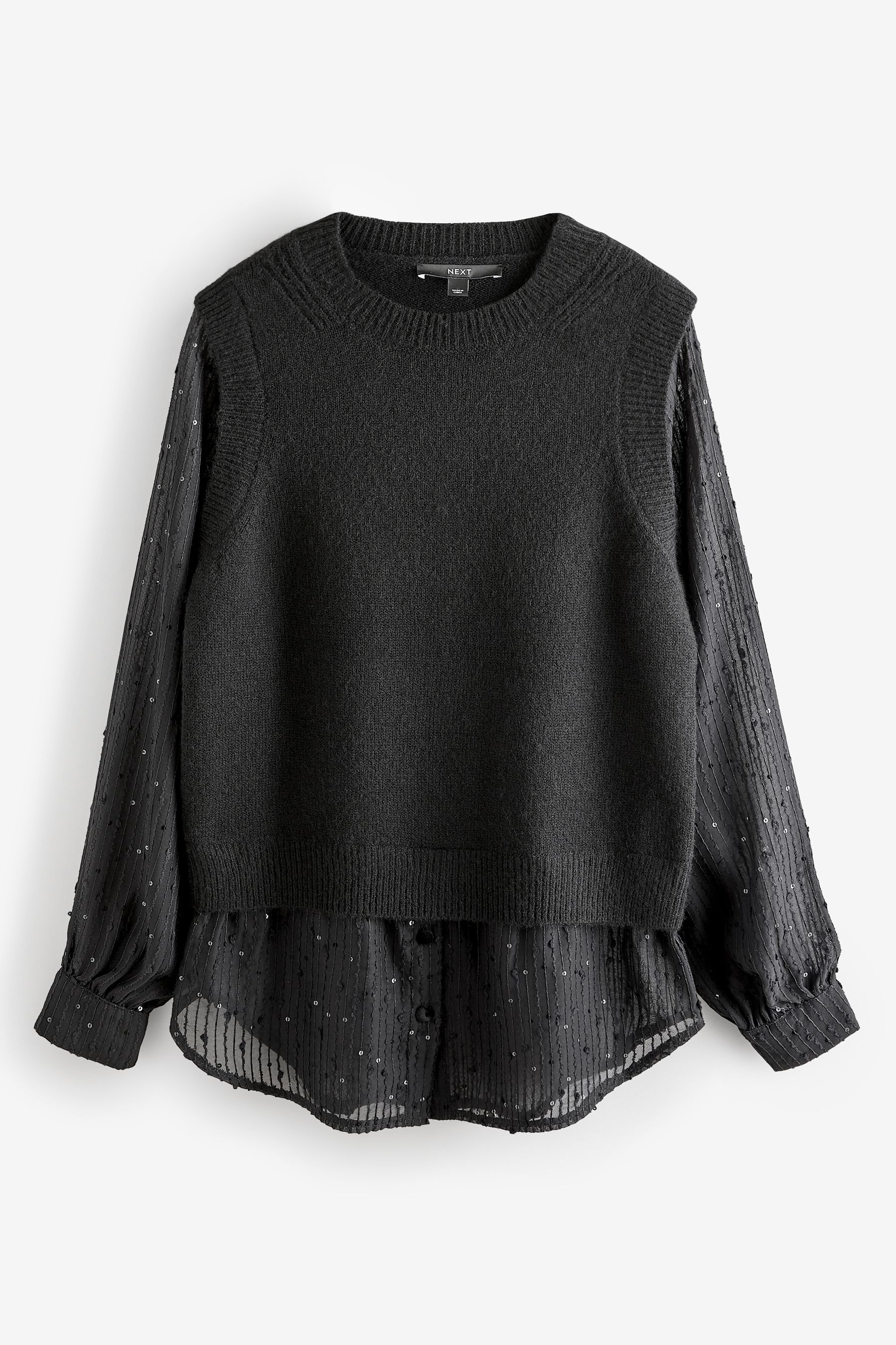 Black Sparkle Sequin Shirt Layer Knitted Jumper