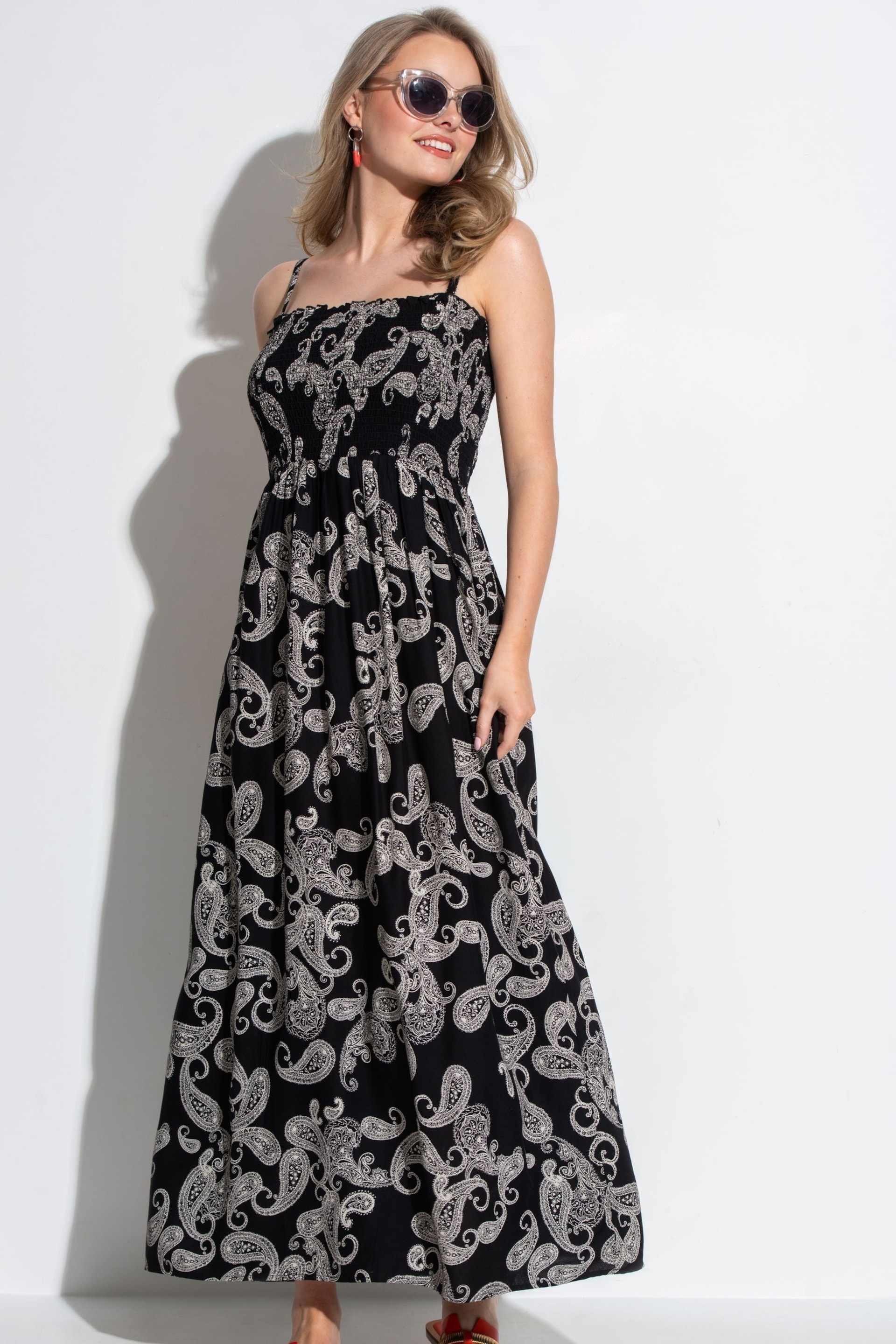 Pour Moi Black Paisley Strapless Shirred Bodice Maxi Beach Dress - Image 1 of 4