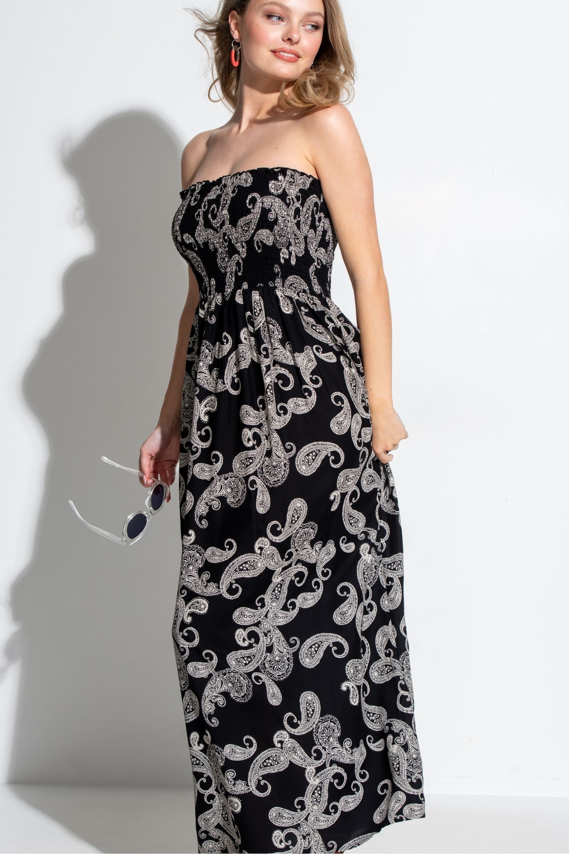 Pour Moi Black Paisley Strapless Shirred Bodice Maxi Beach Dress - Image 2 of 4