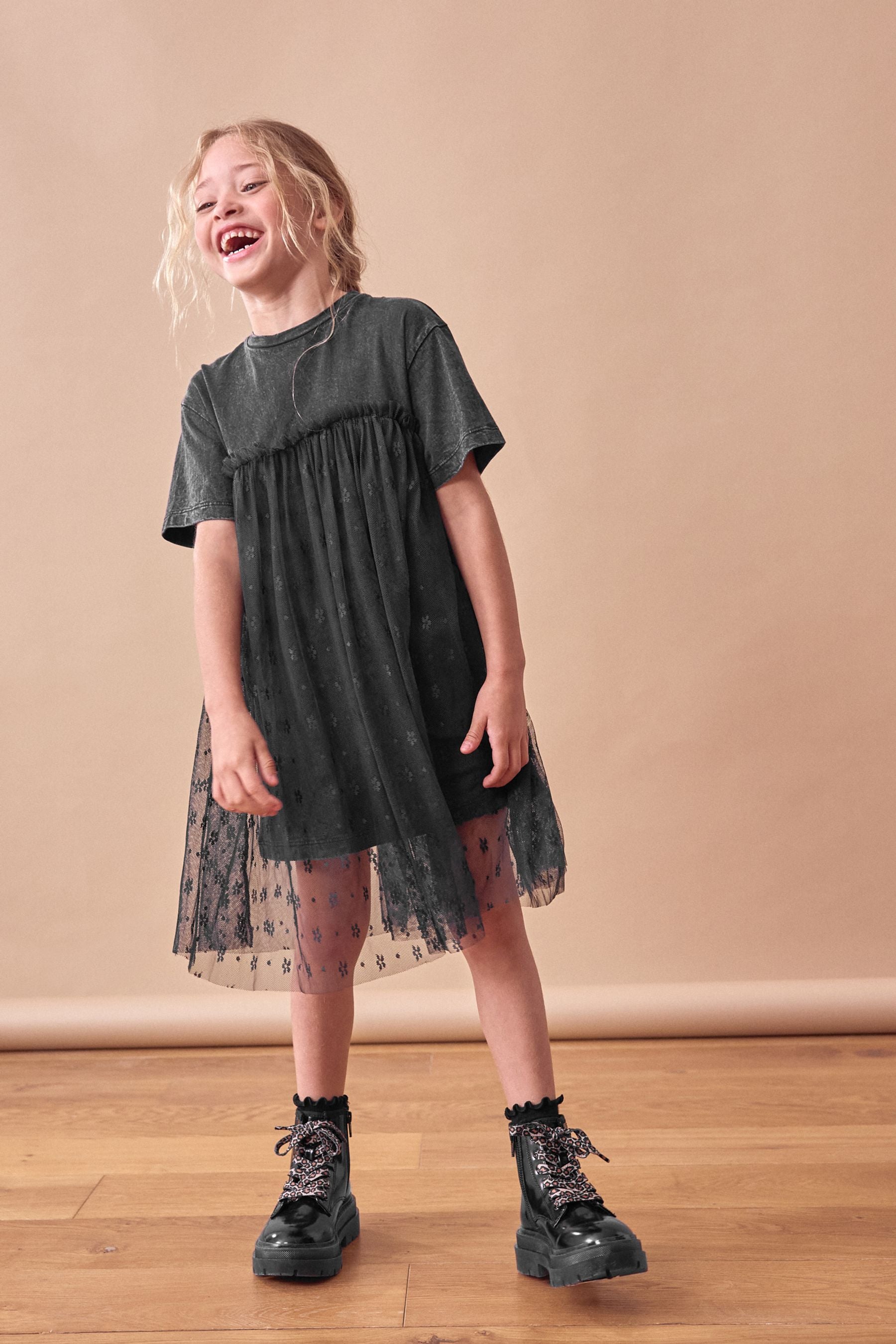 Buy Washed Black Lace 100 Cotton T Shirt Dress 3 16yrs from Next Luxembourg
