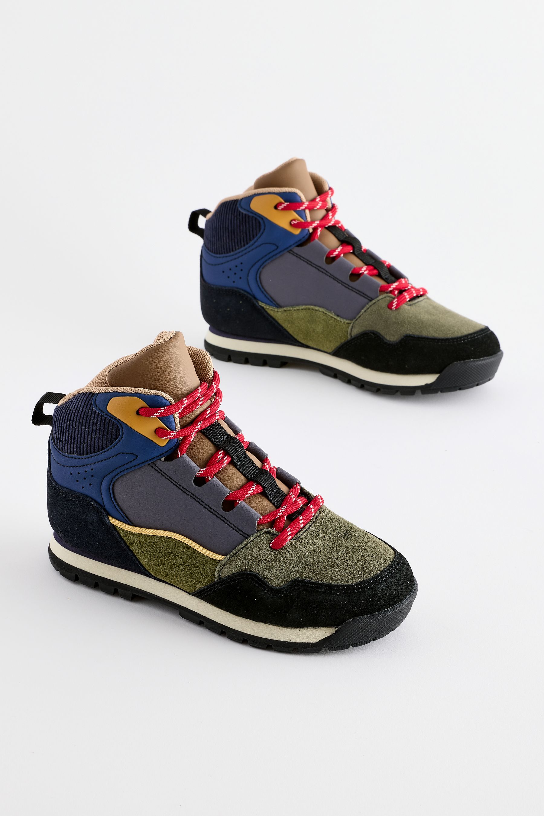 Navy Khaki Panelled Walking Boots